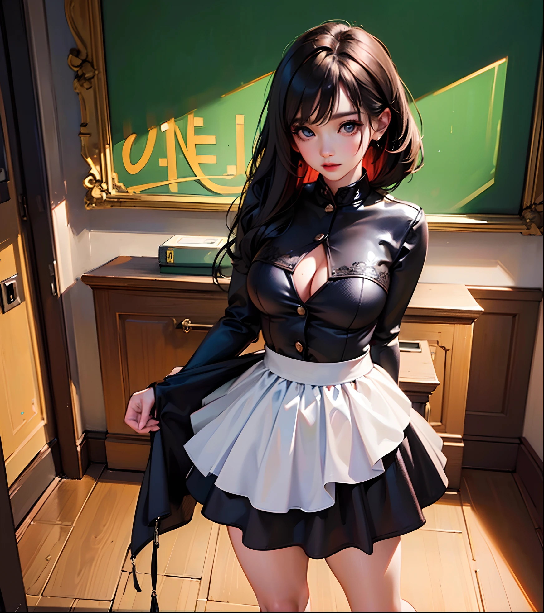 (best quality,ultra-detailed,realistic:1.37), vibrant colors, studio lighting, professional, 1 solo girl, beautiful adult teacher, sexy, standing in classroom, intricate details, black board in background, captivating eyes, potrait, unrealistic beauty