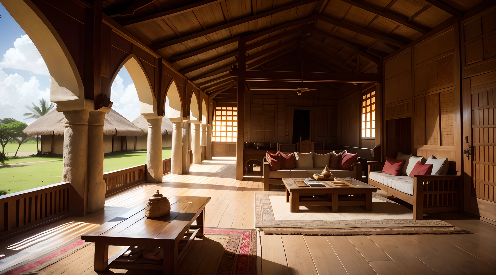 Interior view of East Africa Emir's or Vizier's or Merchant's Great Hut, East Africa architecture, either Kilwa or Mombasa or Malindi, Kilwa Sultanate, 15th century, ancient, vulgar, East Africa element, grass roof, mud wall, mixture of East Africa style and Kilwa style and indigenous society vulgur furniture, turkish carpet, no people, no word, no wordings, no signature