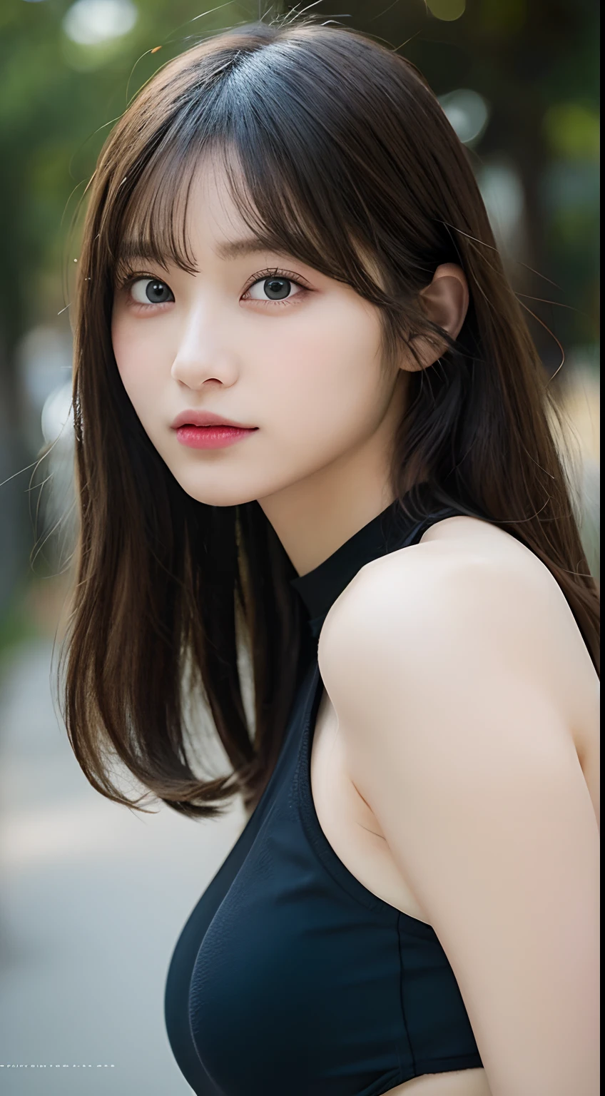 finely detail, hight resolution, hightquality、Perfect dynamic composition, Beautiful detailed eyes, Medium Hair, small tits、Natural Color Lip,Kamimei、Shibuya、20 years girl、1 persons、Transparent skin、Glowing hair、masutepiece, Best Quality, Illustration, Ultra-detailed, finely detail, hight resolution, 8K、The correct state of the human body、crouching down、Gravure Model Pose,Hair soaring in the wind