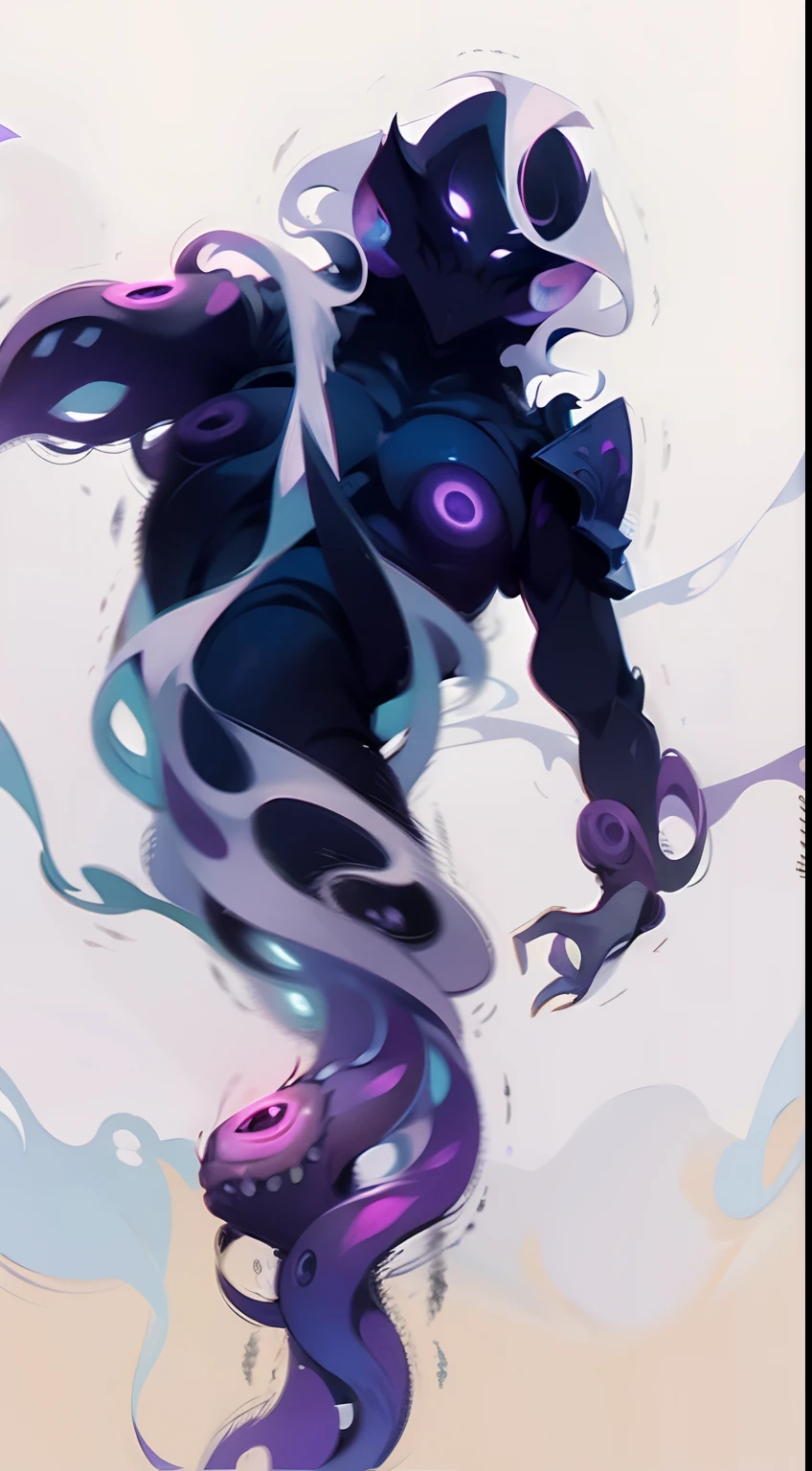 Night Ghost,twisted shapes,purpleish color,One-eyed,floatking,White tentacles wrap around the body,nigth,All-green eyes,Shady,stare,face expressionless,belve,Long mouth,armor