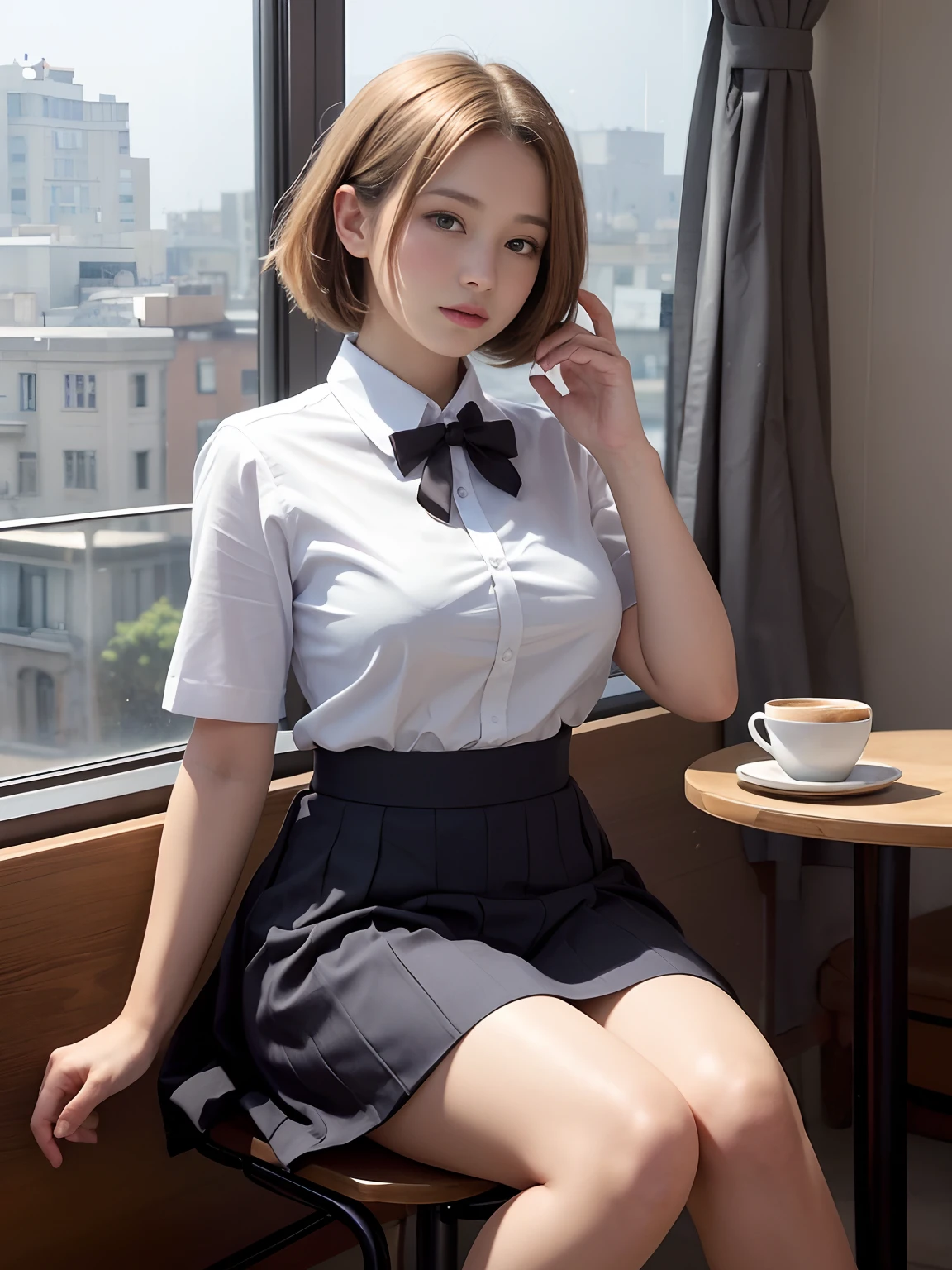 top-quality, masterpiece, high-detail, 16k image, Beautiful , Medium bob hair,beautiful hair of light brown color, beautiful eyes of light brown, (plump big breasts), High School Uniforms, Constricted waist, White blouse with short sleeves, pleatedskirt, High school girl sitting by window in café, red blush, Behind the window, Rain falls softly, City lights create a beautiful scene, (Large Breasts), (Slim Body), (Good fingers),