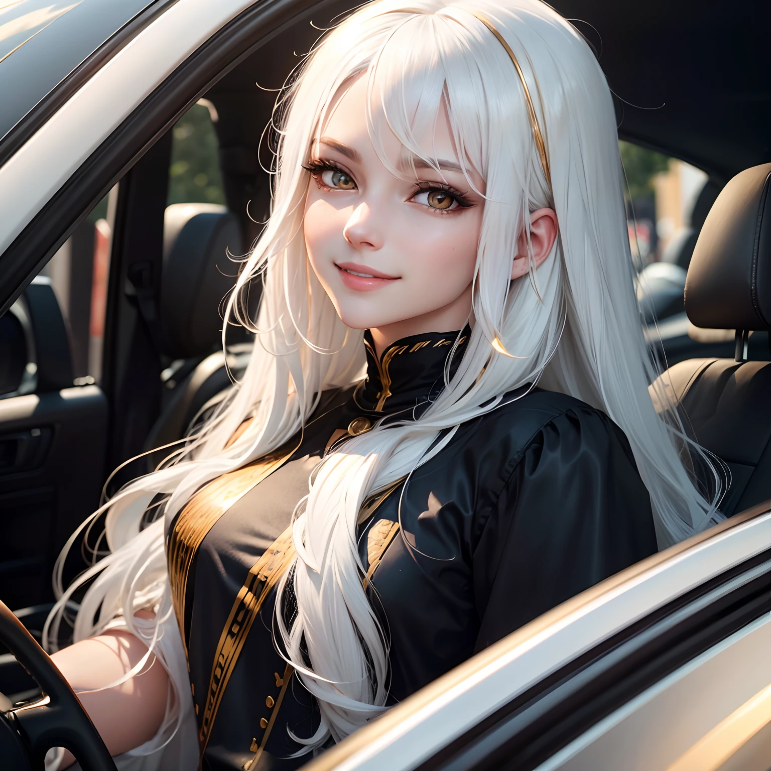 best quality, white hair, gold eyes, black clothes, looking up, upper body, hair strand, Fair skin, smiling, driving