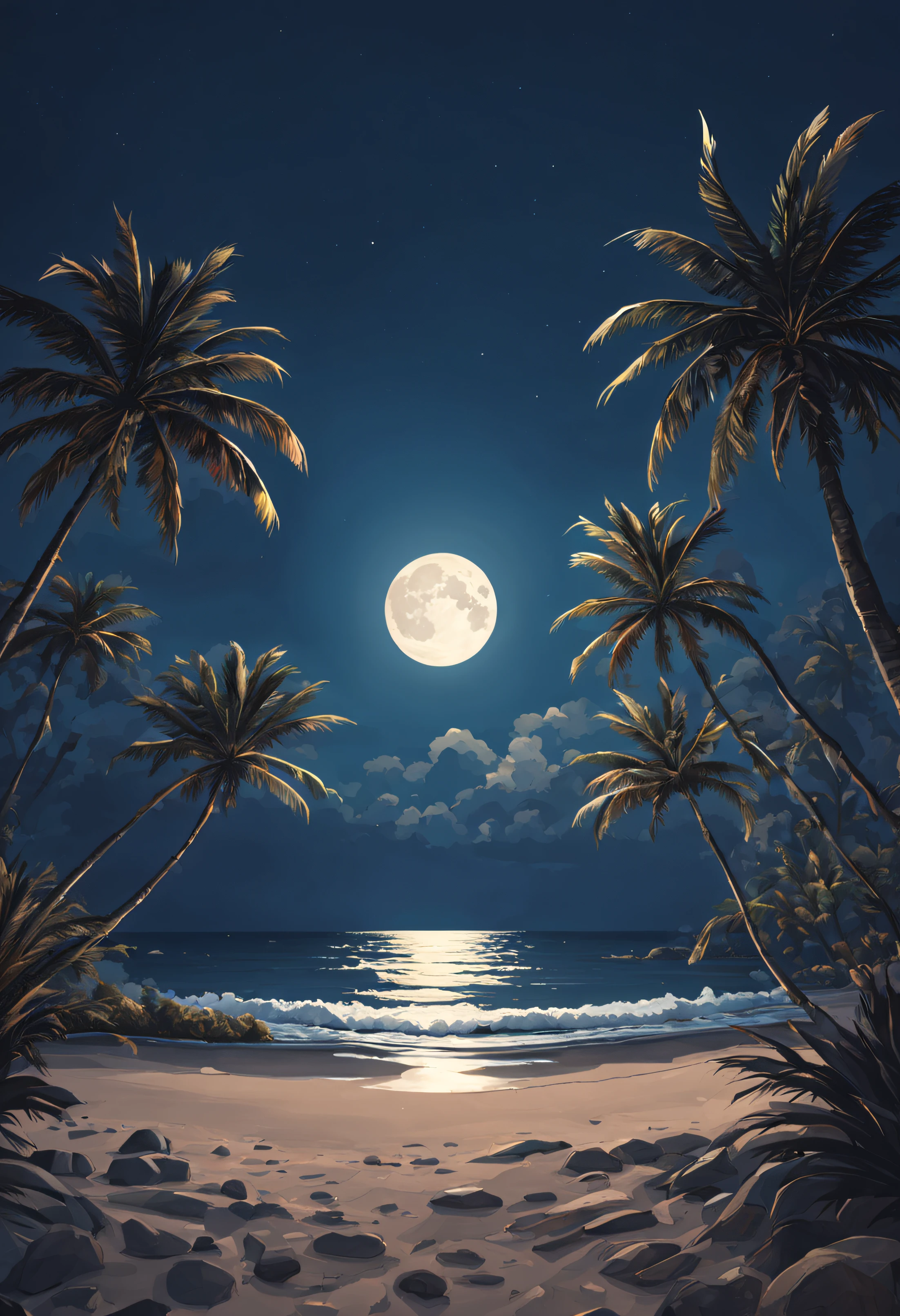 rocky dark beach at night with palm trees an moon in sky