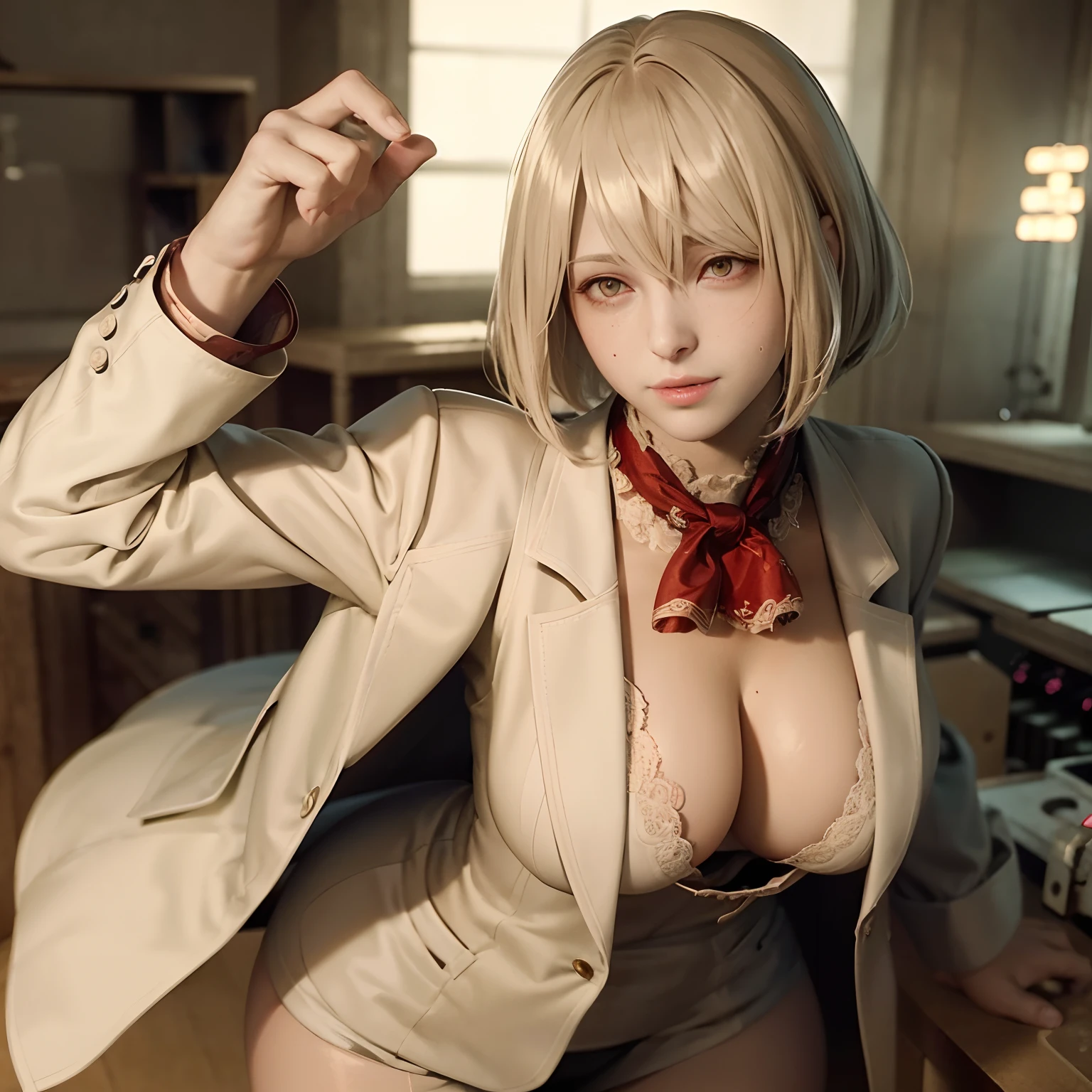 (best quality, realistic), Ashley Graham as a scientist, sexy pose, wearing white laboratory coat, sweat, smile sadistically, evil glowing red eyes, evil version