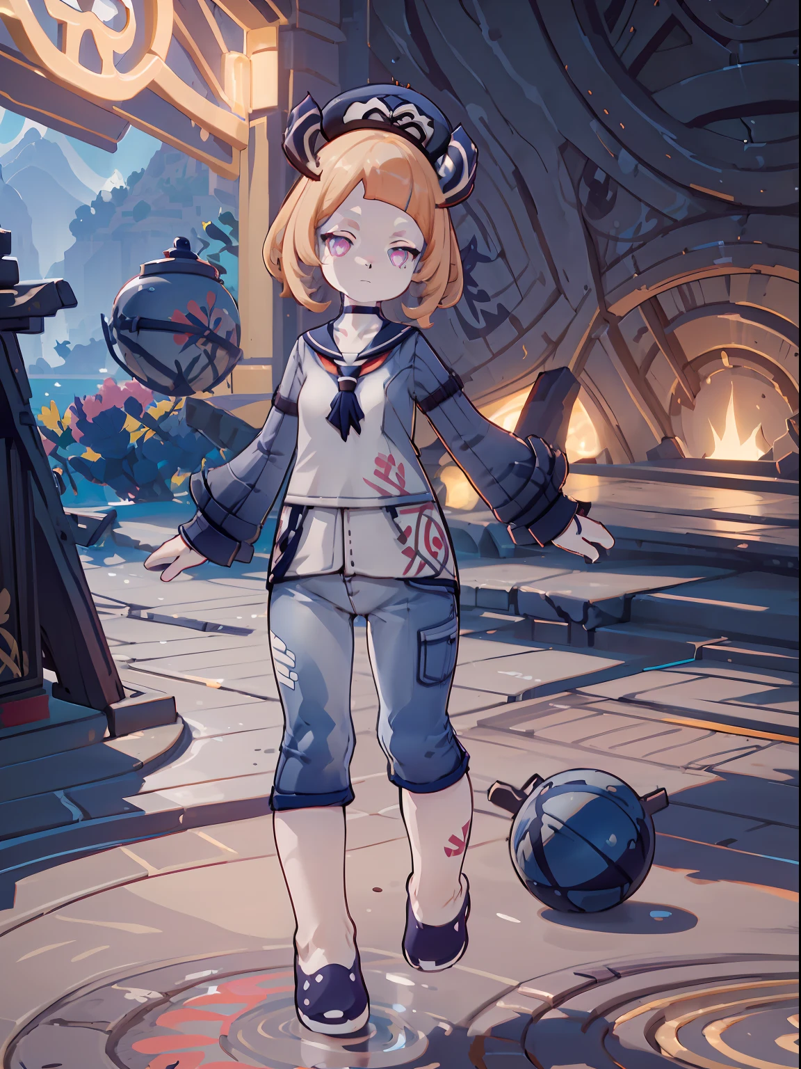 Melousine | genshin impact, master-piece, bestquality, 1girls,25 years old, proportional body, elongated legs, proportional., sailor suit, trousers, mediuml breasts, ,bara, crop top, choker, (Graffiti:1.5), Splash with purple lightning pattern., arm behind back, against wall, View viewers from the front., Thigh strap, Head tilt, bored, 10, 10, HD,