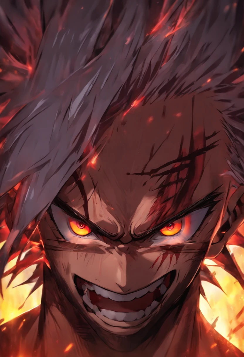 High quality, Ultra detailed, Man no shirt, Face behind the camera,Head facing the camera, Ultra photo realsisim, Red eyes, White hair, On the road, standing, scar across the nose, fangs on theet, white eyes
