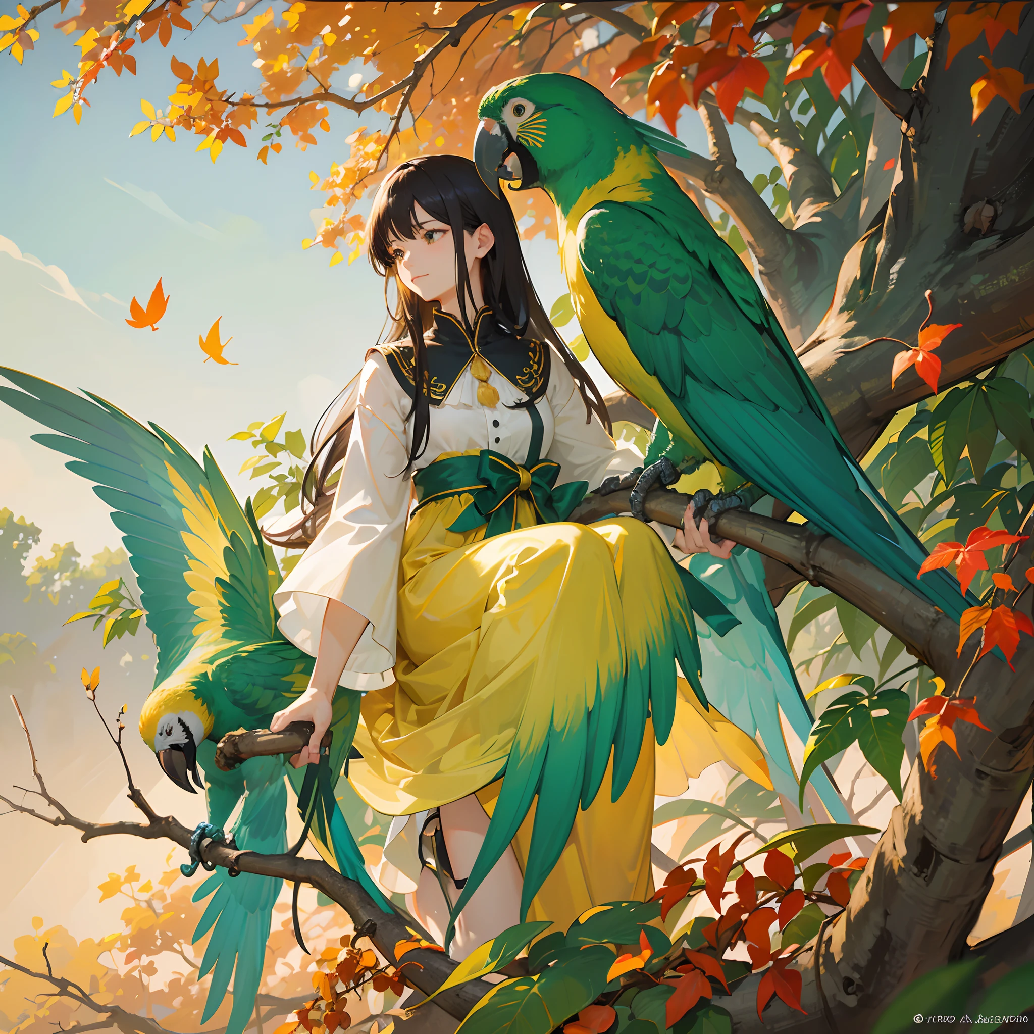 In the silence of the autumn sky, Single parrots with bright orange and green plumage fly. Its enchanting wings are spread wide, Cut through the crisp air as it glides gracefully through the sky above. Parrot eyes shine with curiosity and intelligence, Reflecting sunlight in delicate detail. Its beak, Delicately curved, Adds elegance to its vibrant presence. kindly smile、One piece with frills、Delicate and beautiful black hair long hair、A scene that unfolds against the backdrop of a tranquil garden, Surrounding trees々Illuminated by the soft light that flows between. Surround the flight of rich orange and green parrots, Enhance vivid colors、Creates a harmonious atmosphere. Delicate autumn foliage fluttering in bright colors, Add a splash of color to a quiet environment. Parrots gracefully navigate enchanting gardens, Float near a tree with autumn leaves that radiates tranquility. The artwork is made in the medium of oil painting, The depth and richness of the plumage of parrots、And capture the serene beauty of the garden. The details are exquisite, Every stroke of the brush、An intricate pattern of parrot feathers and the delicacy of autumn foliage trees appear. The end result is、It is a masterpiece that shows the immense skill and attention to detail of the artist. Images are of the highest quality, In 4K or 8K resolution, Capture every detail、Display with maximum clarity. Parrot feathers are very detailed, piece々The strands of are all visible. The artwork is、Radiates realistic and photorealistic quality, Difficult to distinguish from the actual photo. The colors are vivid and vivid, Create visually stunning compositions. The lighting of the scene is、Carefully crafted to emphasize the beauty of the parrot and garden. Soft, Warm light illuminates the wings of a parrot, Emphasize iridescent luster. The sunlight gives the garden a gentle glow, Cast enchanting shadows、Creates a calm atmosphere.