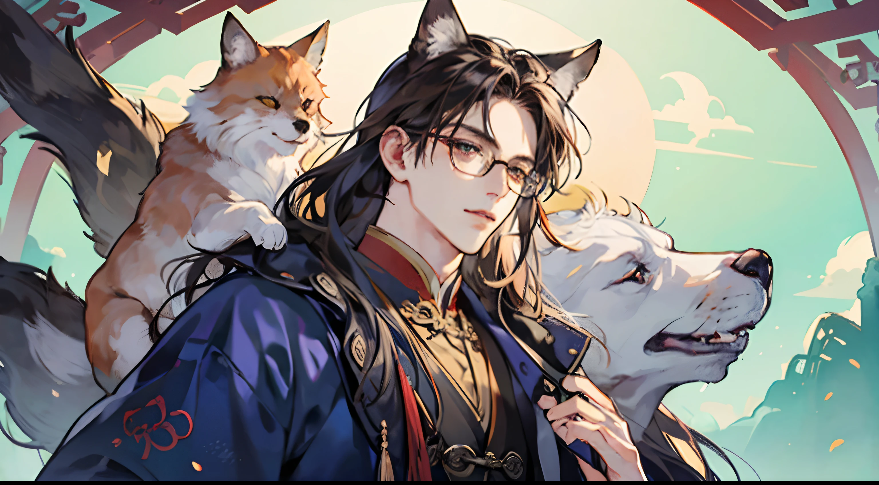 tmasterpiece，Need，A man，China-style，Chinese Ancient Times，brunette color hair，dishiveredhair，long whitr hair，with long bangs，Handsome，virile，gentleness，large tall，A tranquil，long blue robes，exteriors，cloaks，High hills，nevando， Young men，Quaint，tmasterpiece，Need，Leprechaun，red fox，Animal ears，Handsome guy，brunette，Long hair，Hair is scattered，Dark Hanfu，There are glasses on the face，Cool handsome