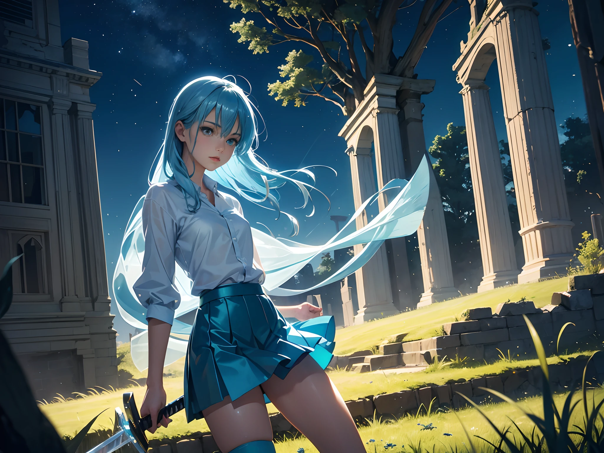 azure-haired young woman, athletic, medium-long length hair, airy translucent blue fairy shirt, stockings, grass, small translucent blue skirt, night time lighting, night, evening, late night, tall grass, ruins, wild lands, holding an ice katana