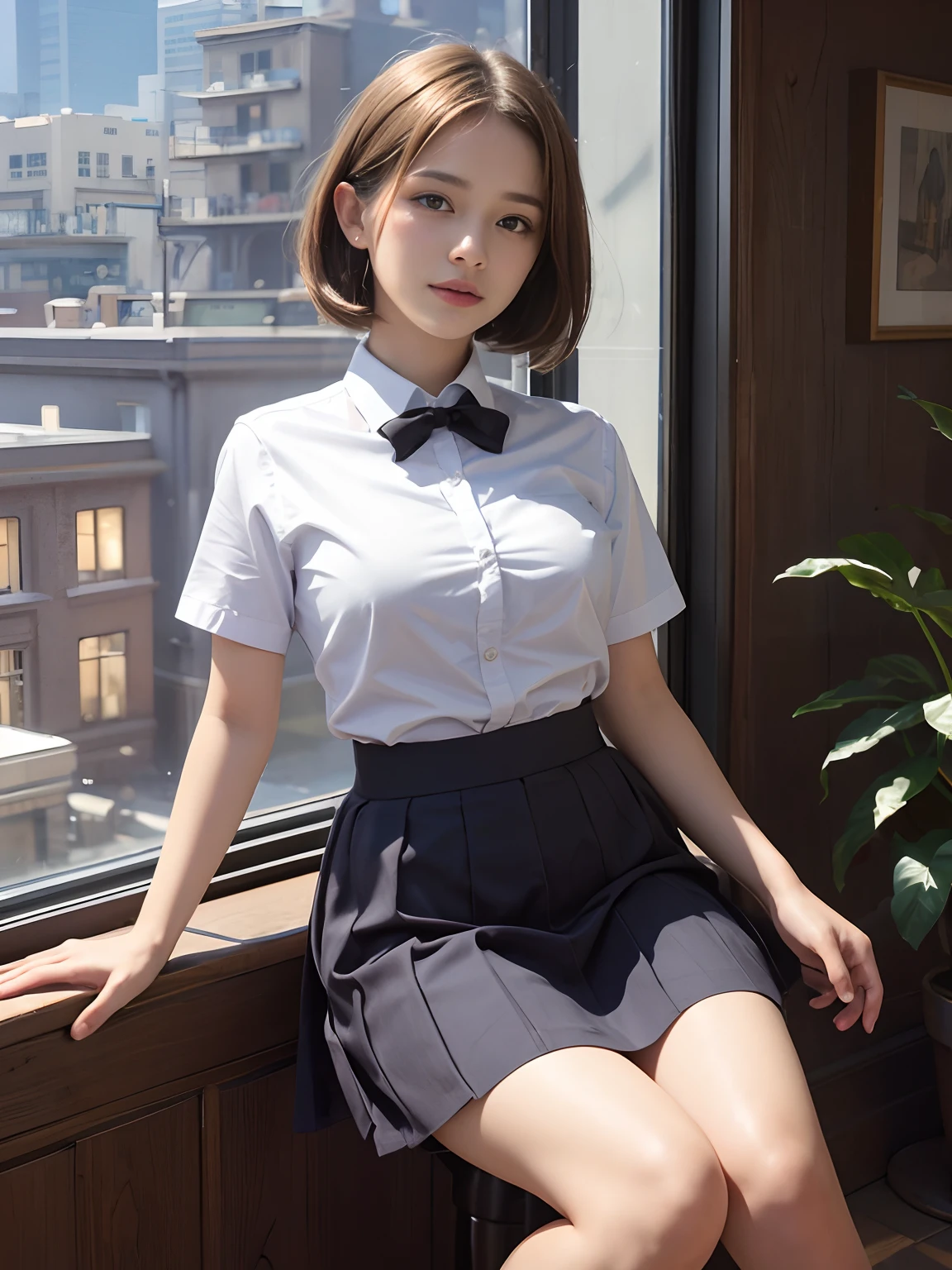 (8K, highest quality, masterpiece:1.2), (actual, realistic:1.37), Super detailed,
1 girl,Lovely, alone,beautiful and detailed sky,Cafe details,sitting,obsolete,(smile:1.15),(please keep your mouth shut) small breasts,beautiful and delicate eyes,(collared shirt:1.1), white shirt, pleated skirt,black领,black,white lace, beautiful feet,(super realistic pantyhose:1.3), button suddenly opens
(Short hair details:1.2),flowing hair ,new frog style,,white skin,light,Bedroom,bedridden