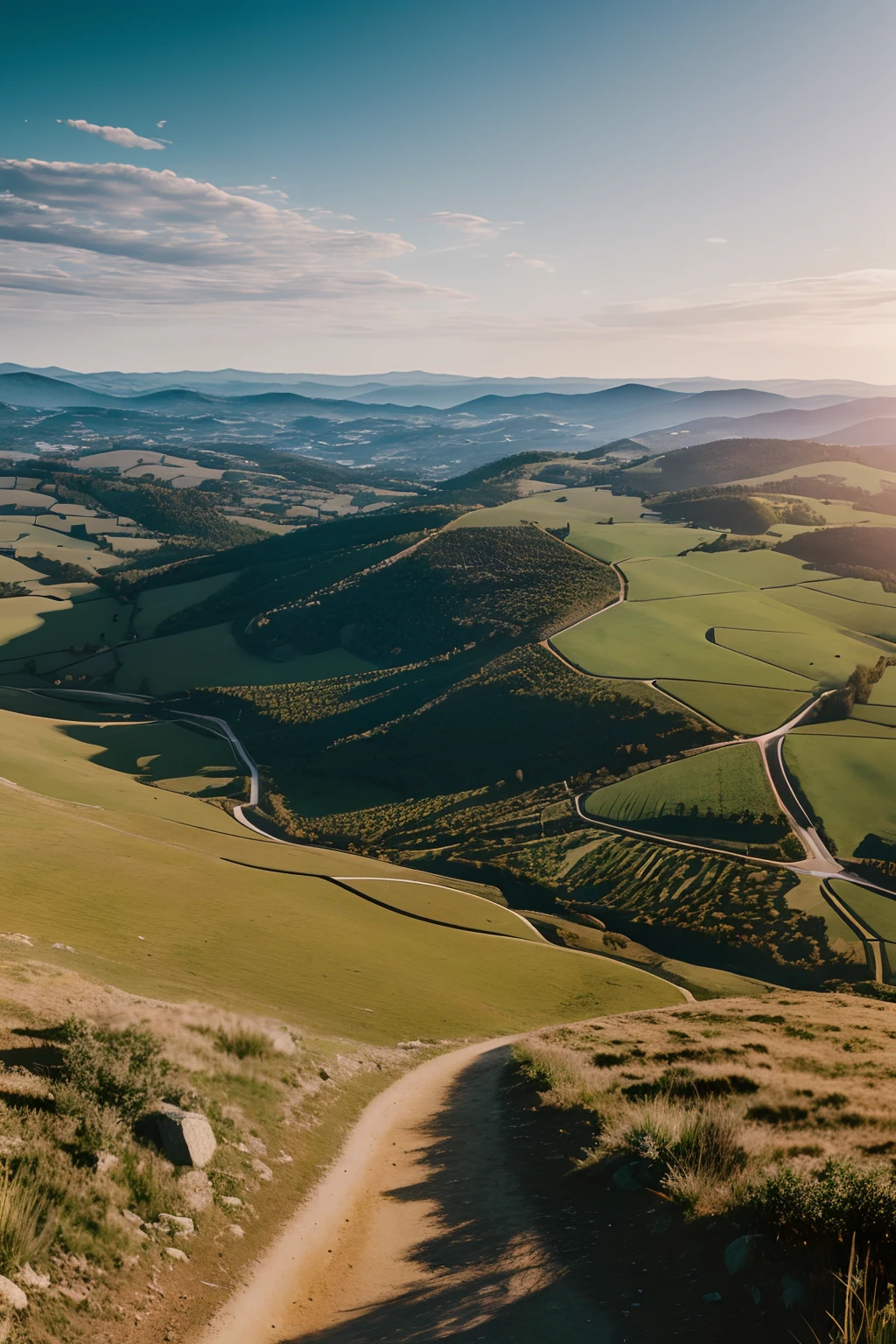 Highly detailed view from the top of a mountain, countryside view, clear photography, photorealistic, soft pastel colours, highly detailed, intricate, path tracing, illustration, insanely detailed, shadow mapping volumetric light, specular lighting