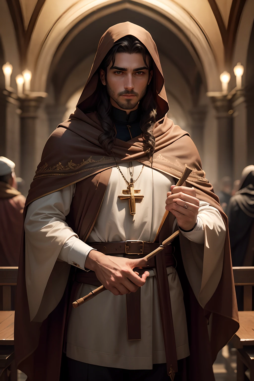 Painting of a man in a brown cloak holding a stick with animals, inspirado por Francisco Helps, Sf, santo, inspirado em John F. Francisco, christian saint, padroeiro do ๐ธ๐๐ฉ๐พ, abbondio stazio, Detalhe intrincado, santo, artistic depiction, Santo ortodoxo, por Francisco Helps, christian saint rosace, Detalhes adicionais