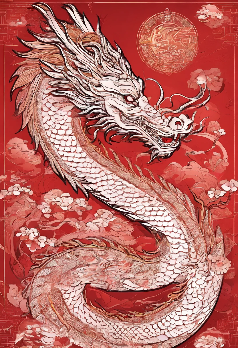 chinesedragon,Traditional Chinese culture,levitating,meander,Red tone,with black background,Golden ink flowers,。.3D,tmasterpiece,4K