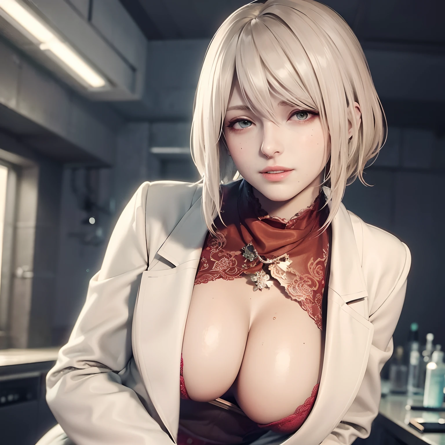 (best quality, realistic), Ashley Graham as a scientist, sexy pose, wearing white laboratory coat, sweat, smile sadistically,  evil glowing red eyes, evil version