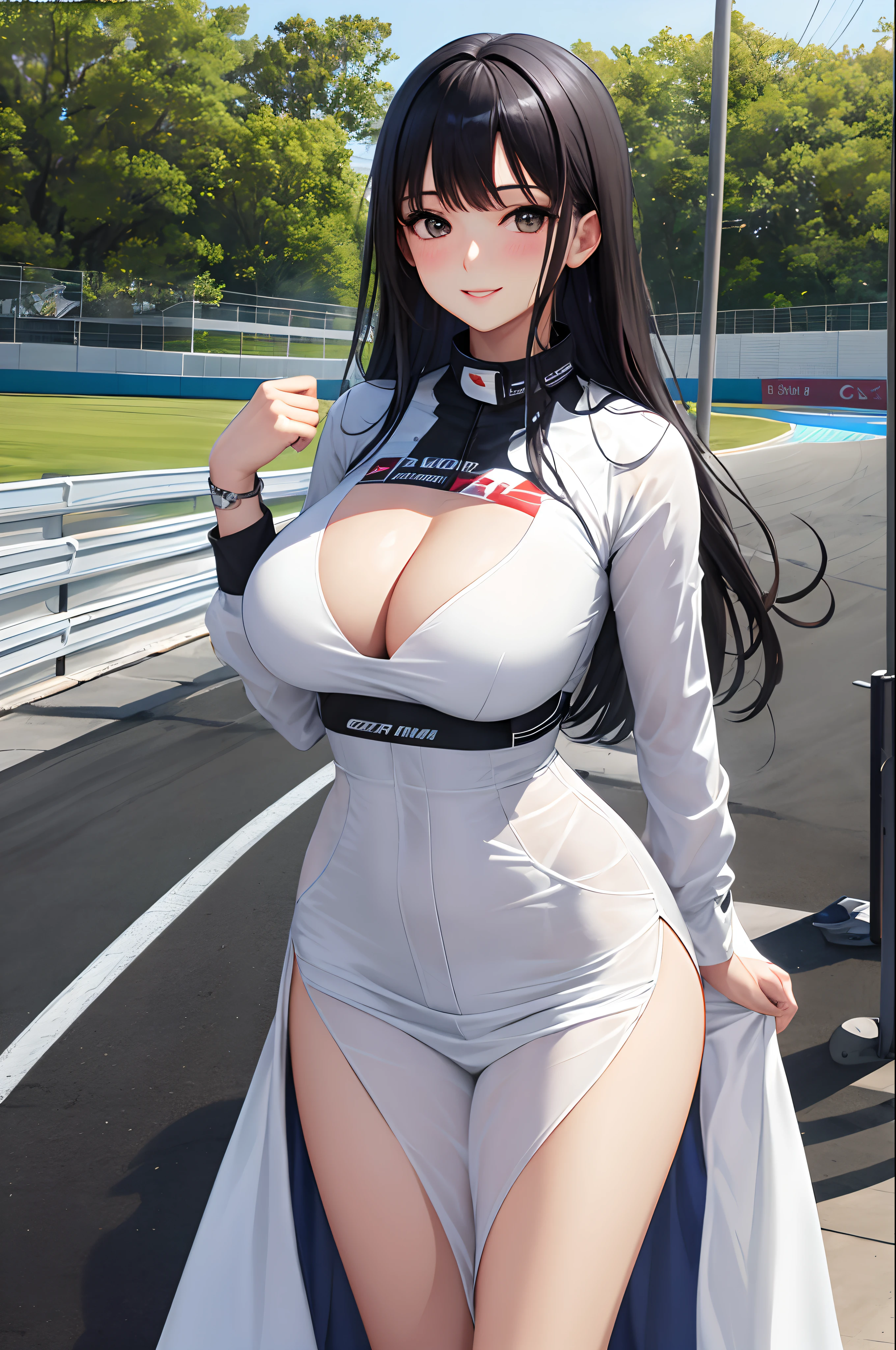 1lady solo standing, /(grid girl/) Transparent Clothes with logo, Gravure Idol Figure Body, mature Woman, /(black hair/) bangs, blush kind smile, (masterpiece best quality:1.2) delicate illustration ultra-detailed, large breasts, Her Breast out From Clothes, BREAK /(racing circuit outdoors/), racing car audience, detailed background, Best Quality 32k HDR,