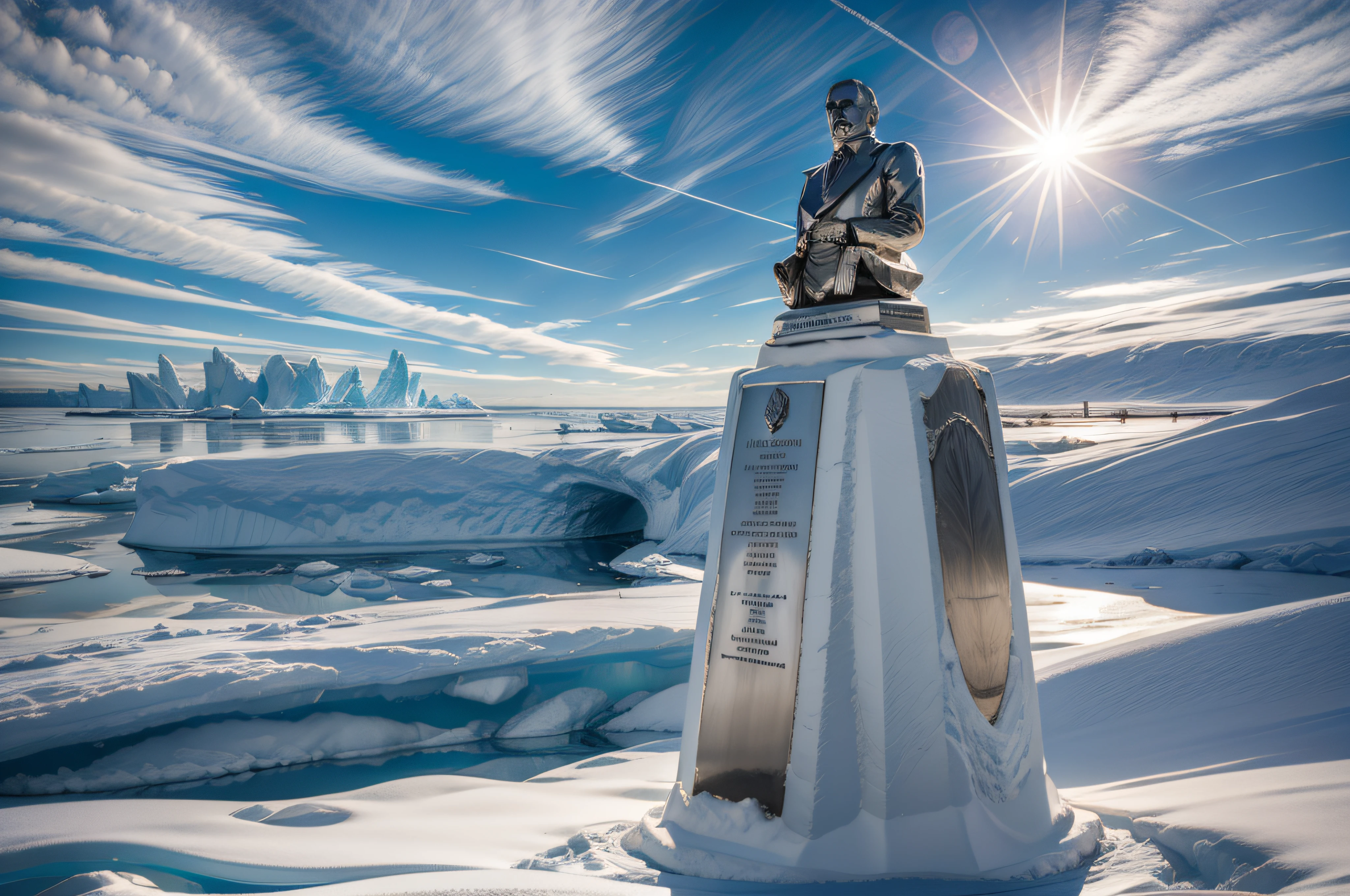 the resplendent solid silver bust of lenin sits upon a granite plinth, embossed writing, frozen wasteland of antarctica, daytime, brilliant sunlight, icy water, stratified clouds