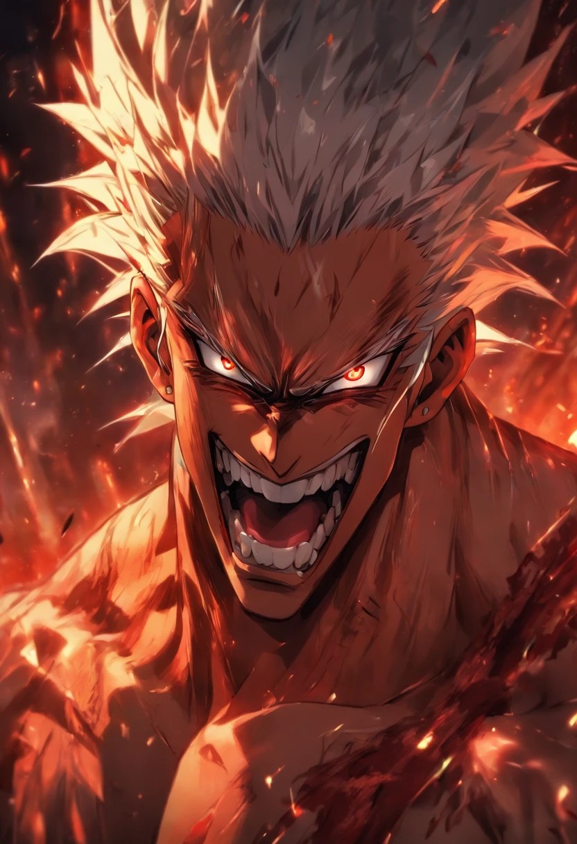 High quality, Ultra detailed, Man no shirt, Face behind the camera，Head facing the camera, Ultra photo realsisim, Red eyes, White hair, On the road, standing, scar across the nose, fangs on theet, white eyes