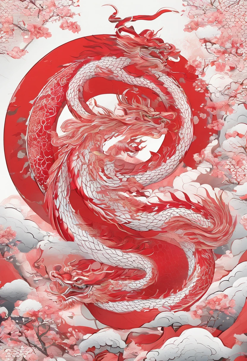 chinesedragon,Traditional Chinese culture,levitating,meander,Red tone,with black background,Golden ink flowers,。.3D,tmasterpiece,4K