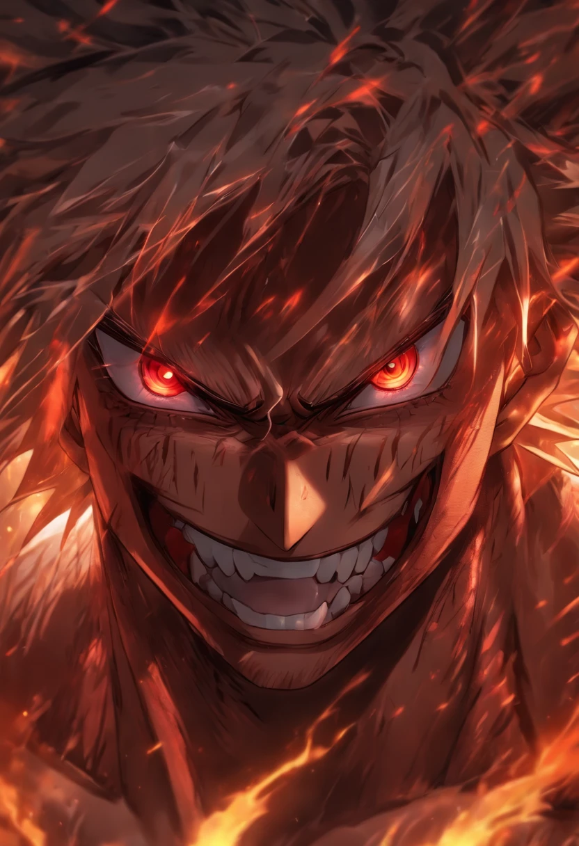 High quality, Ultra detailed, Man no shirt, Face behind the camera,Head facing the camera, Ultra photo realsisim, Red eyes, White hair, On the road, standing, scar across the nose, fangs on theet, white eyes