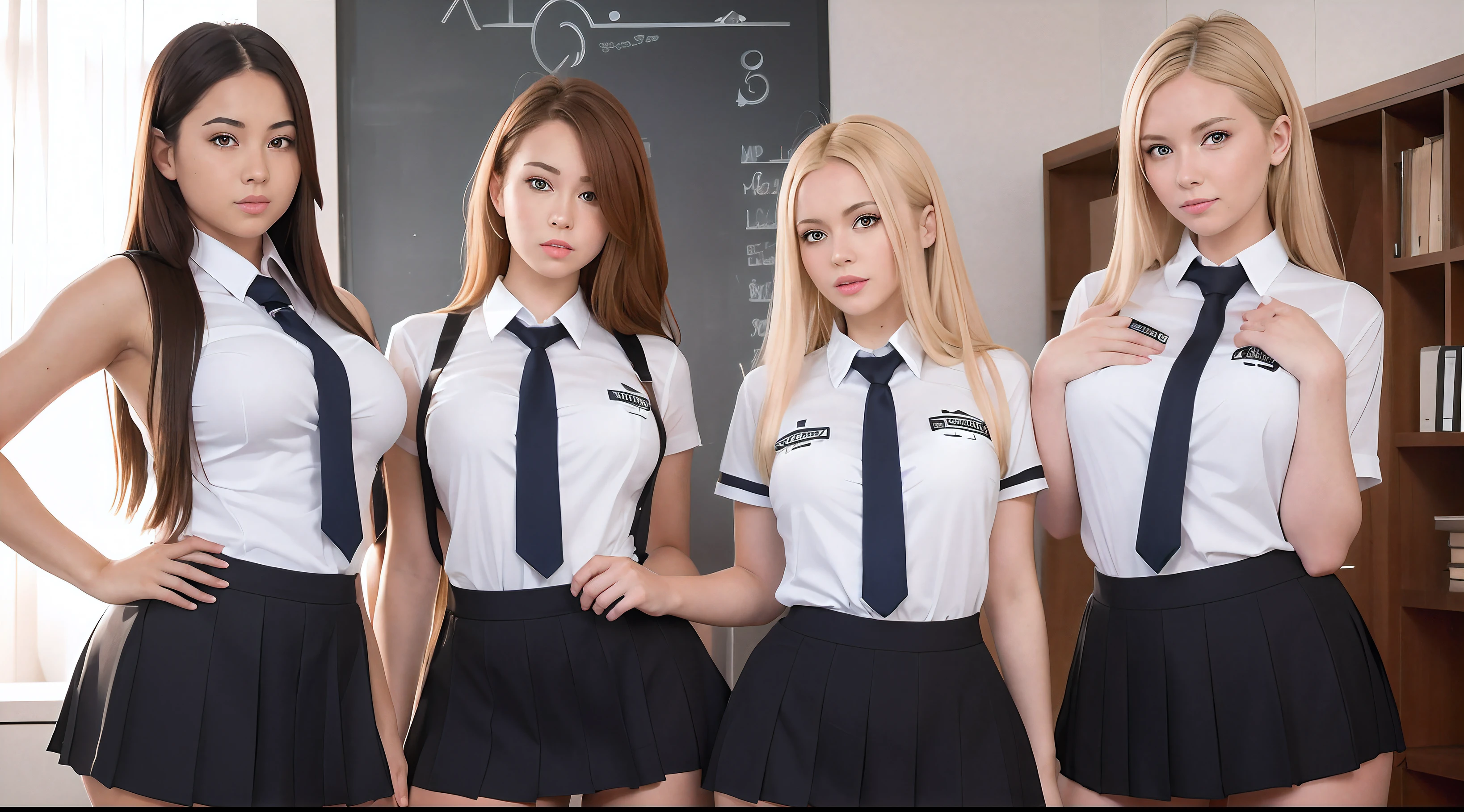 there are four sexy full body German girls in school uniforms posing for a picture,blondes, red heads, brunets,sexy school girls, wearing revealing school uniform, school class, wearing a school uniform,enticing school girl, of a schoolgirl posing,hot school uniform, private school,big eyes,perfect bodies athletic , beautiful girls, cute girls, school,realistic,masterpiece, goddesses