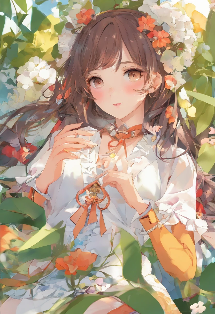女の子1人, ((Meisterwerk, Seitenbeleuchtung, gorgeous eyes: 1.2), Ultra-detailliert, ultra-high resolution, Professionelle Beleuchtung, hochwertiges Make-up, beautiful detailed eyes), (best qulaity:0.8), Perfekte Anime-Illustrbeiion, beautiful, flacher farbiger Hintergrund, Einfacher Hintergrund, full entire body , aussehend_bei_Betrachter, nur, (full entire body:1.5), Braunes Haar, dunkelbraune Augen, (small boobs:1.1), nur,HuasaChile, Huasachina, sash, bauschiges Kleid, Kleid, puffy short sleeves, Strumpfhose, schwarzes Schuhwerk, Blumendruck, Kleid mit Print, hand on hip, Taschentuch,toph, (blind:1.5)