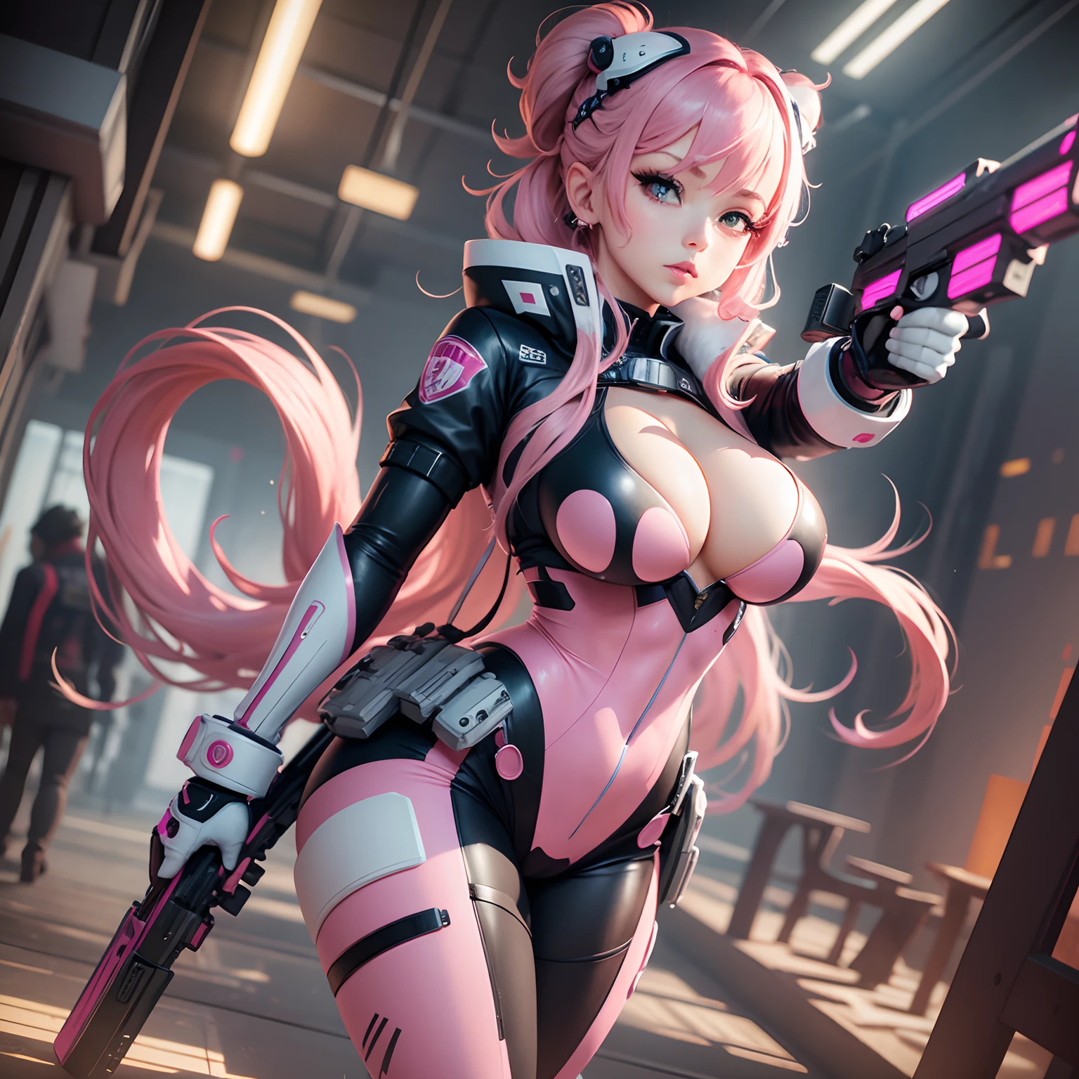 (tmasterpiece:1.3),(best qualtiy:1.3),......。.。.3D,8K,1个Giant Breast Girl,独奏,with pink hair,Pink eyes,shelmet,full bodyesbian,Tight combat uniform,tightsuit,mitts,gun holster,hand gun,unified,Q version,huge tit,slimfigure,Cocked buttocks,Stretch meat