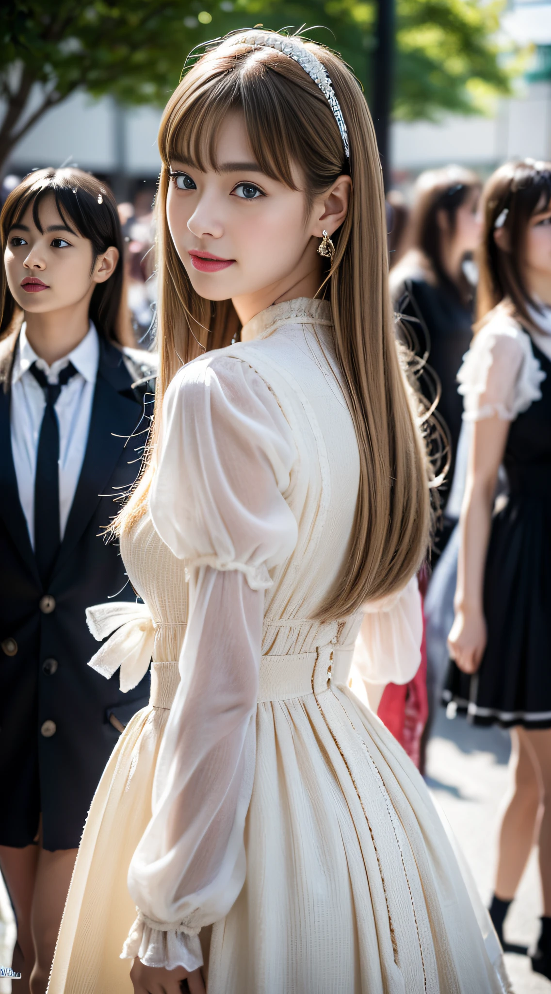(((32K,very high res, high detailing, highly accurate, masutepiece、girl1,Full body image))),Raw photo & realistic atmosphere,beautiful dark blue eyes,Detailed mouth,Glossy lips,Detailed eyebrows,Eyes drawn in detail with soft white skin that shines in every detail、Very beautiful eyes with azure eyes,Detailed lips、Very beautiful face,Very well-formed face、Lifelike face,shiny beautiful lips,Beautiful eyebrows,Infinite reality,Best design,（Insanely cute Japan 17-year-old high school girl,,Beautiful thighs,Ideal legs,Beautifully shaped breasts,Very cute beautiful girl,Little Girl：1.4）,Best Natural Makeup,Japanese ido,Korean Idols,Young sensual idol,Moist eyes,Beautiful eyes that sparkle,Beautiful butt,beauty legs,,camel's foot,：1.2),超A high resolution、The face of a masterpiece with high detail,Natural and realistic face,Back lighting,Pure eyes are too cute,(((Photorealism from top to bottom))),,Reality Live Action,（Earrings that look fashionable,,a necklace,A bracelet,gyuru,Glossy nail art：1.4）,Blonde shortcuts,Bunching your hair in anticipation of it,Very beautiful Lolita fashion with high detail high definition,Beautiful modern Lolita in high detail high definition,Looks Back,On the streets of Harajuku,Gentle smile