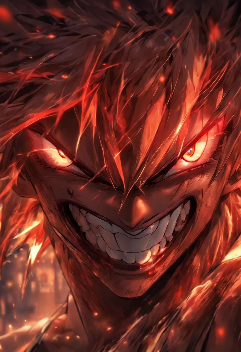 High quality, Ultra detailed, Man no shirt, Face behind the camera，Head facing the camera, Ultra photo realsisim, Red eyes, White hair, On the road, standing, scar across the nose, fangs on theet, white eyes