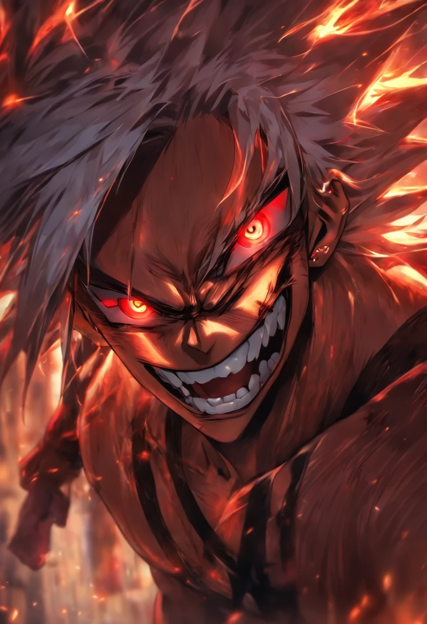 High quality, Ultra detailed, Man no shirt, Face behind the camera,Head facing the camera, Ultra photo realsisim, Red eyes, White hair, On the road, standing, scar across the nose, fangs on theet, white eyes
