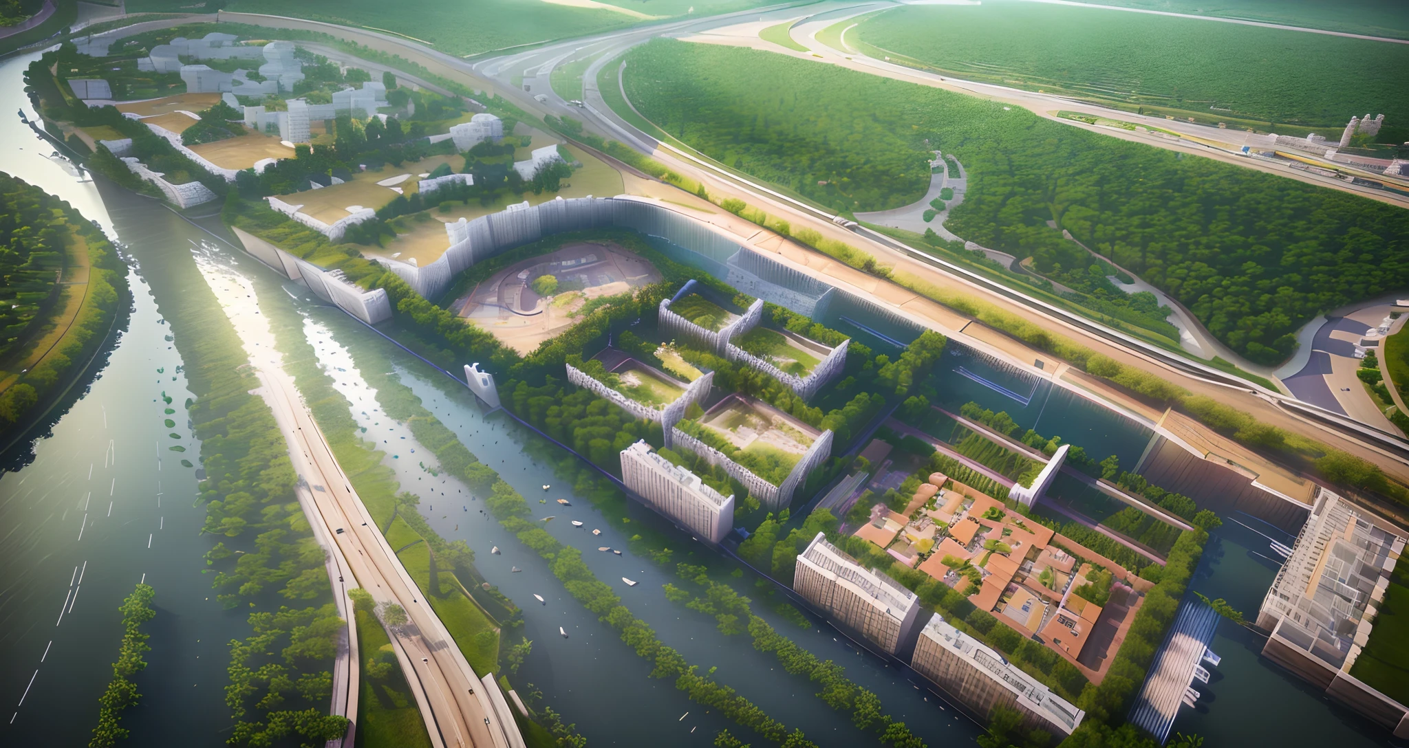 a rendering of a plan of a city with a river running through it, barycentric subdivision, isometric view!!!!, perspective view, digital model, street top view, isometric perspective view, aerial perspective, center model buildings, isometric view, overview, conceptual, detailed rendering, isometric view from behind, 3 d perspective, complex 3d render, (masterpiece),(high quality), best quality, real,(realistic), super detailed,(full detail),(4k),8k, outdoors,trees, urban planning, park, small river, villas