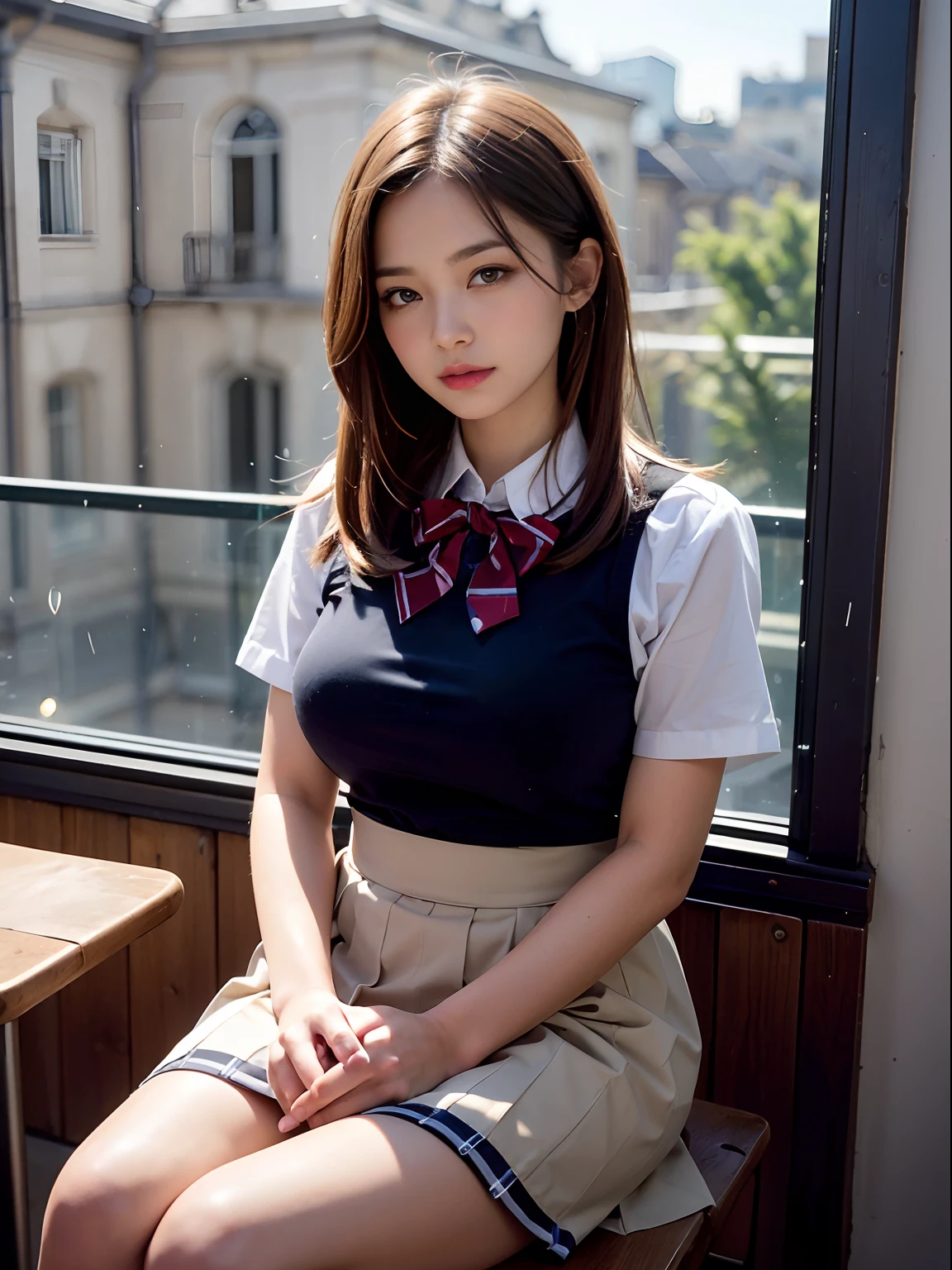 top-quality, masterpiece, high-detail, 16k image, Beautiful schoolgirl, Medium bob hair,beautiful hair of light brown color, beautiful eyes of light brown, (plump big breasts), High School Uniforms, Constricted waist, White blouse with short sleeves, pleatedskirt, High school girl sitting by window in café, red blush, Behind the window, Rain falls softly, City lights create a beautiful scene,