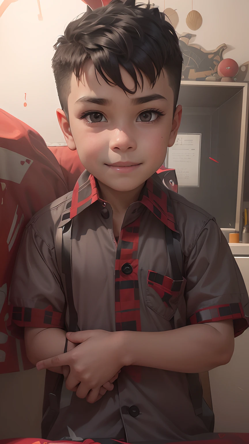 a cute kid with a spikes hairstyle in a red shirt and dark grey trousers with a mischievous smile on the face, in Disney cartoon style, white background