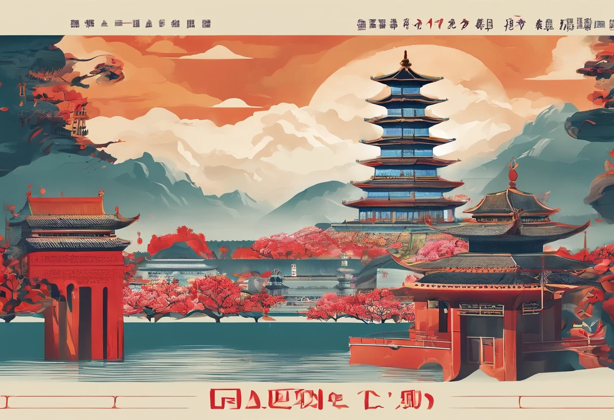 Chinese elements，Chinese people celebrate National Day，Beijing, China，Palace Museum，the great wall，A psychedelic color scheme is adopted，hyper detailed illustration，Light red and sky blue，Imaginary landscapes，Psychedelic cartoons，Landscape scenery and ultra HD images