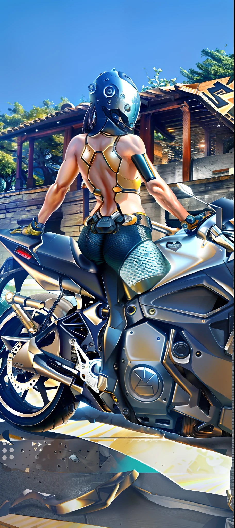 Bruja Escarlata de Marvel Photography, vista de espaldas, Slim athletic body, culo perfecto, biomechanics, robot complejo, crecimiento completo, hiperrealista, casco de moto completo , Casco cyberpunk complejo, casco con detalles intrincados,insane small details, Extremely clean lines, aesthetic cyberpunk, una obra maestra presentada en Zbrush Central