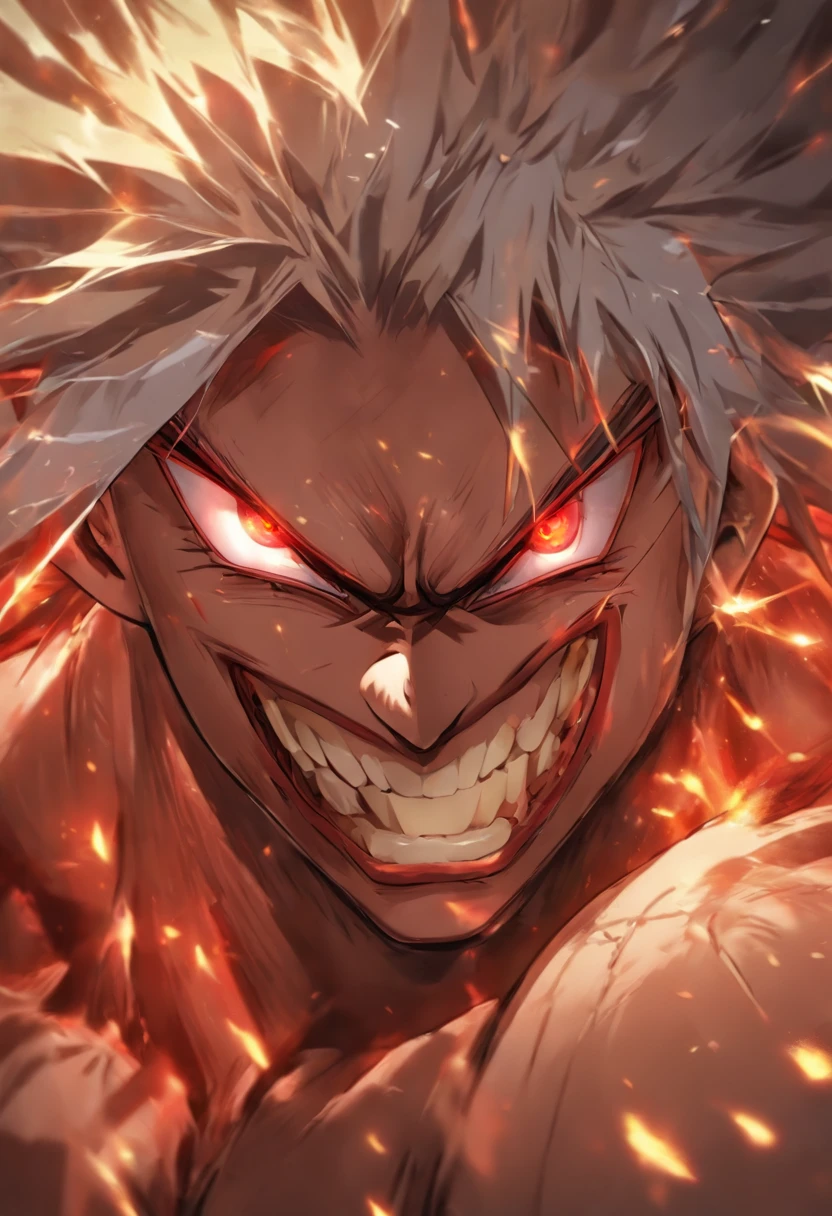 High quality, Ultra detailed, Man no shirt, Face behind the camera,Head facing the camera, Ultra photo realsisim, Red eyes, White hair, On the road, standing, scar across the nose, fangs on theet, white eyes