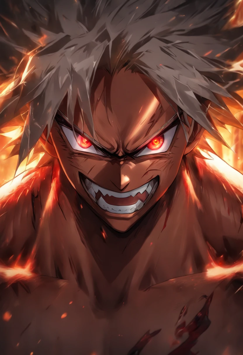 High quality, Ultra detailed, Man no shirt, Face behind the camera,Head facing the camera, Ultra photo realsisim, Red eyes, White hair, On the road, standing, scar across the nose, fangs on theet, white eyes
