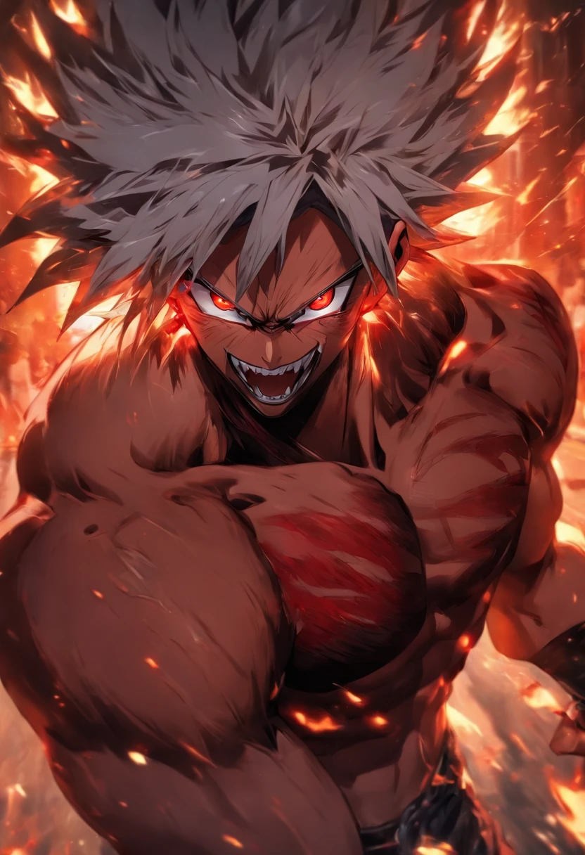 High quality, Ultra detailed, Man no shirt, Face behind the camera,Head facing the camera, Ultra photo realsisim, Red eyes, White hair, On the road, standing, scar across the nose, fangs on theet, white eyes