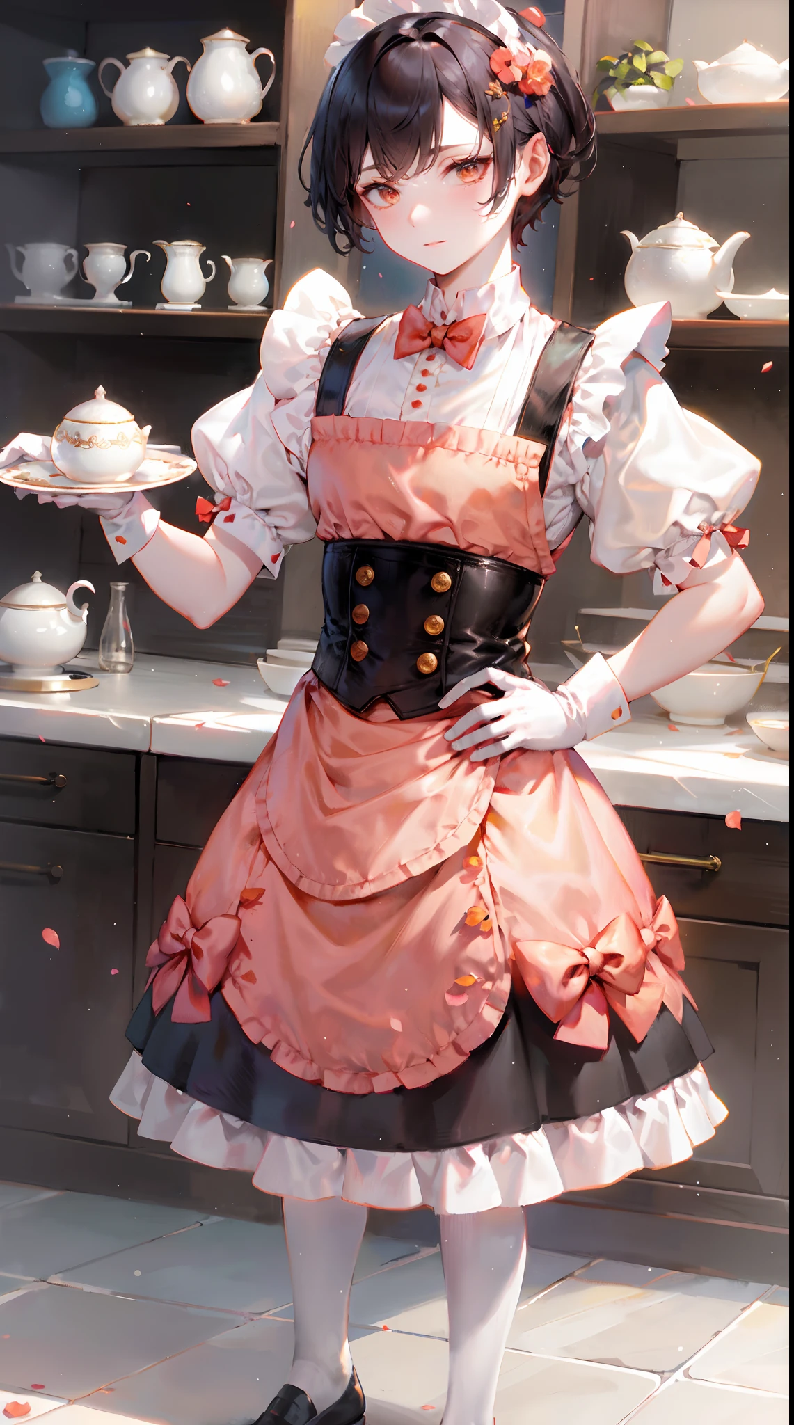 boy maid serving you, handsome, peach petals, tea pot, wide shoulders