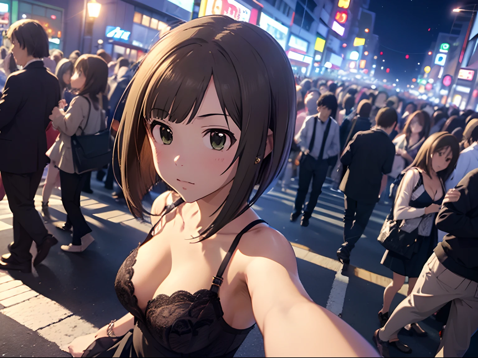 (masutepiece, of the highest quality), High quality, (Realistic:1.3), 2girls, (Maekawa_Miku, medium breasts, Bob cut black hair, blush), 
and
(shimamura uduki, brown Long Hair), sexy lingerie, (cleavage:1.2), Akihabara Street, Night, Moonlight, (Crowd:1.2), (Angle Selfie:1.3), (There is flat sugar:1.3),uzuki shimamura