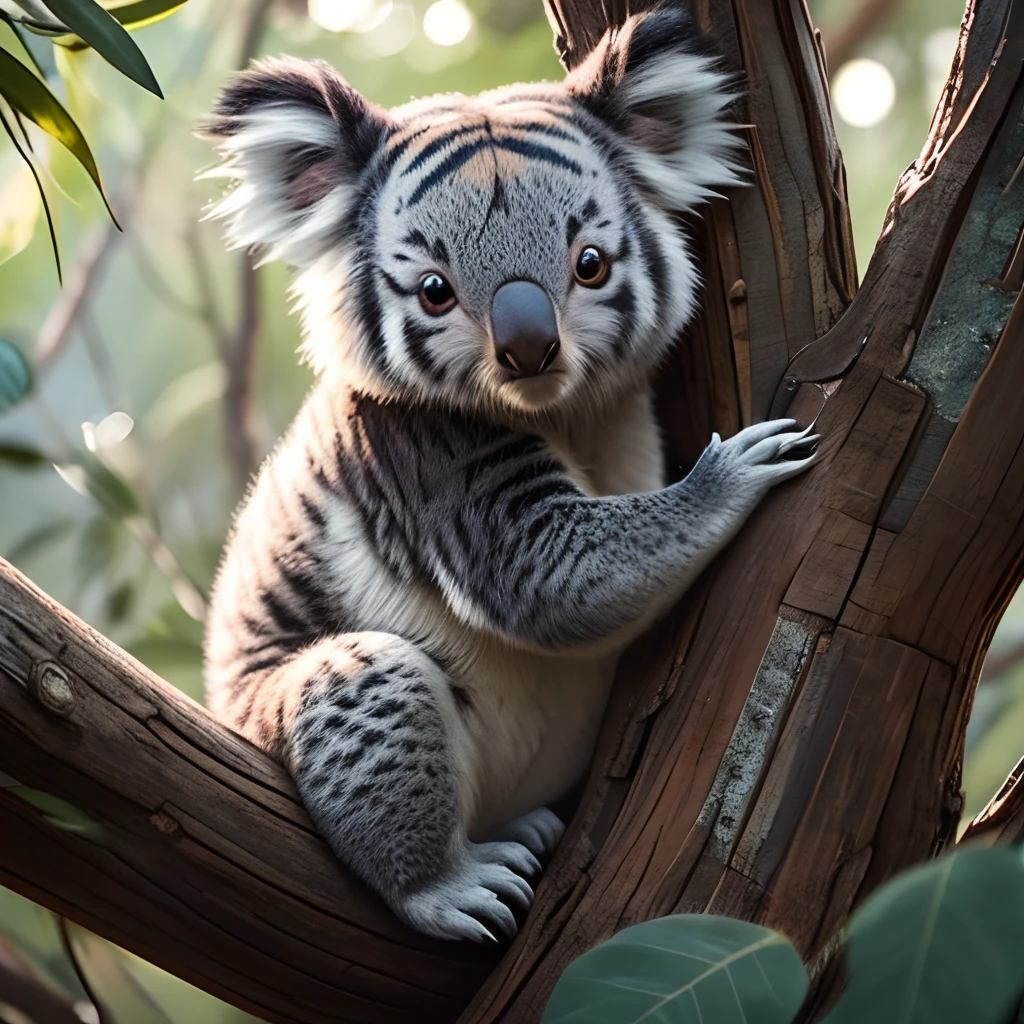 best quality, vibrant colors, realistic:1.37, detailed eyes, cute koala who thinks its a tiger, fluffy fur, eucalyptus leaves, peaceful green forest, soft lighting, nature landscape, wildlife, majestic trees, Australian fauna, gentle expression, adorable little creature, adorable nose, furry ears, calm and relaxed, native wildlife, charming beauty, wildlife conservation, furry friend, playful innocence, unique marsupial, iconic Australian animal, beautiful nature, tranquil atmosphere, peaceful harmony, delicate whiskers, gentle nature, comfortable habitat, natural beauty, nature's wonder, cute and cuddly, loveable creature, peaceful coexistence, fascinating creature.