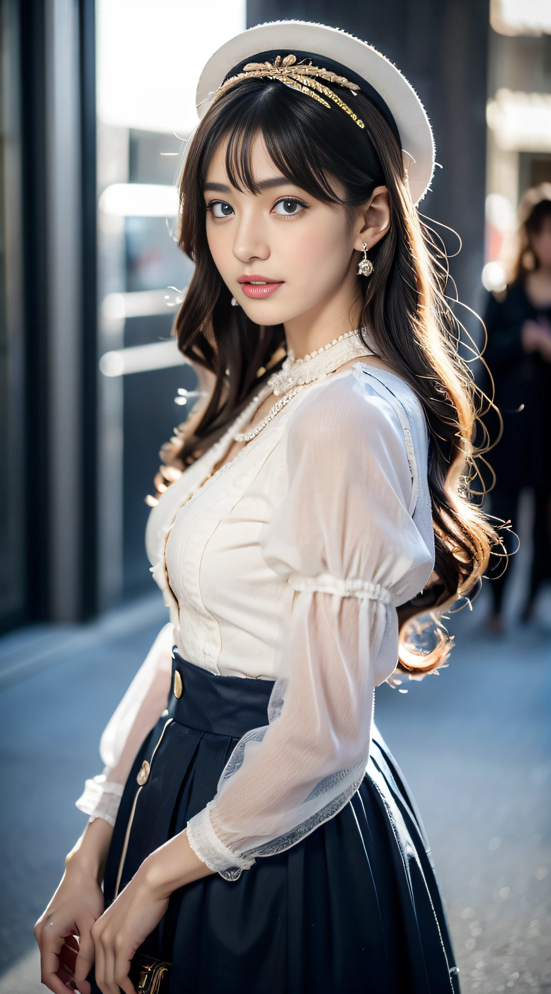 (32K,very high res, high detailing, highly accurate, masutepiece、girl1:1.5),Raw photo & realistic atmosphere,beautiful dark blue eyes,Detailed mouth,Glossy lips,Detailed eyebrows,Eyes drawn in detail with soft white skin that shines in every detail、Very beautiful eyes with azure eyes,Detailed lips、Very beautiful face,Very well-formed face、Lifelike face,shiny beautiful lips,Beautiful eyebrows,Infinite reality,Best design,(Insanely cute Japan 15-year-old beautiful girl,Beautiful thighs,Ideal legs,Beautifully shaped breasts,Very cute beautiful girl,:1.4),Best Natural Makeup,Japanese ido,Korean Idols,Young sensual idol,Moist eyes,Beautiful eyes that sparkle,Beautiful butt,beauty legs,,camel's foot,:1.2),超A high resolution、The face of a masterpiece with high detail,Natural and realistic face,Back lighting,Pure eyes are too cute,Reality Live Action,(Earrings that look good in Lolita fash,a necklace,hair adornments,Headgear,Hats:1.5),Glossy nail art,Blonde medium permed hair:1.4),(Very beautiful blue-based Lolita fashion high detail high definition,High Detail High Definition Beautiful Blue Base Modern Lolita,a miniskirt, full-body fashion:1.6),Looks Back,On the streets of Harajuku,A faint smile