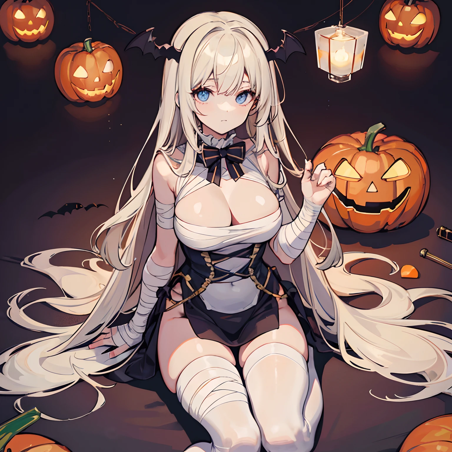 Masterpiece, Fine Details, 4k, 8k, 12k, Solo, Alone, Beautiful Girl, White Woman, Mummy, Body Bandages, Halloween, Jack-O-Lantern, 🎃, Bat