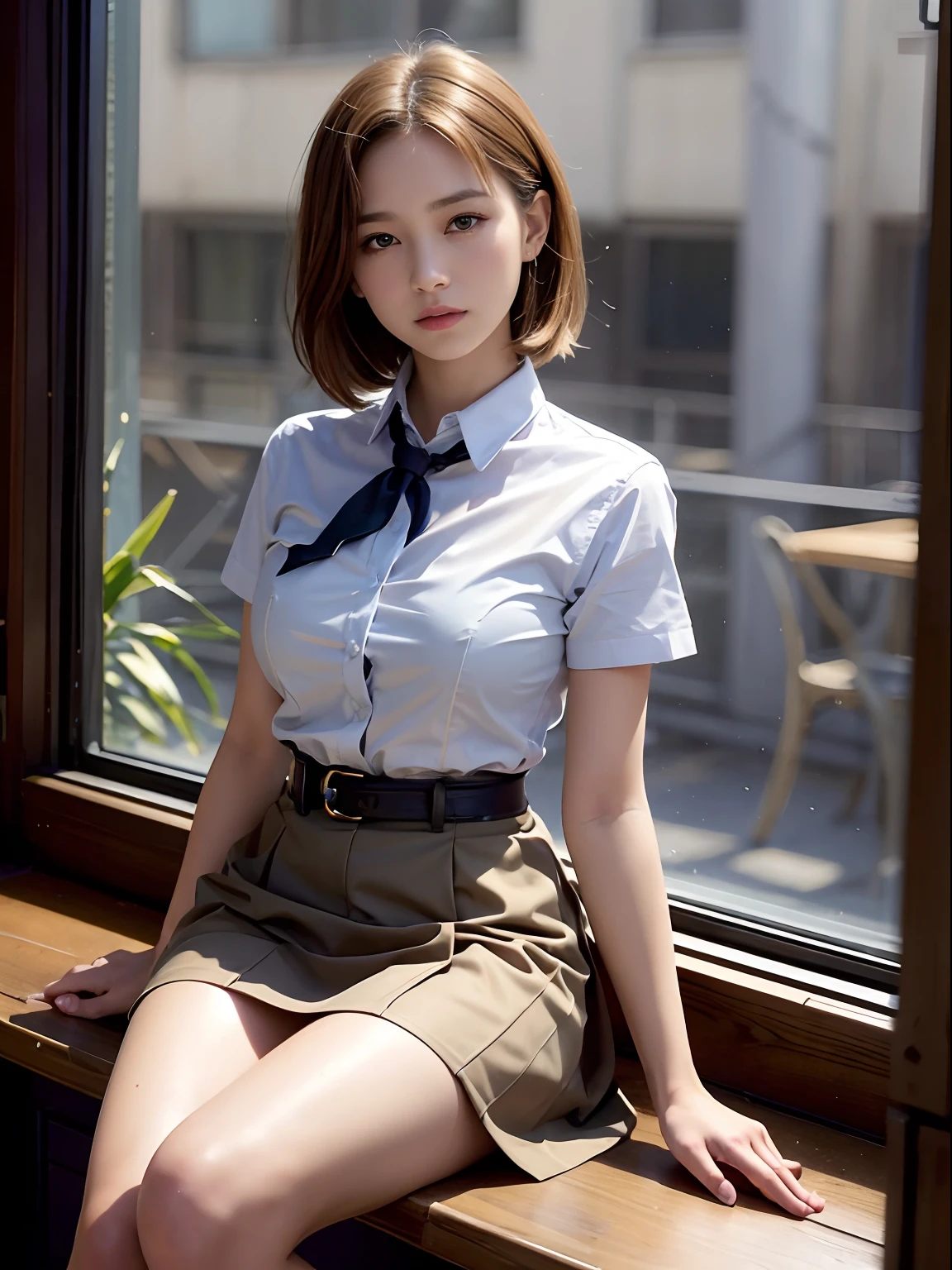 top-quality, ​masterpiece, high-detail, 16k image, Beautiful schoolgirl, Medium bob hair,beautiful hair of light brown color, beautiful eyes of light brown, (plump big breasts), High School Uniforms, Constricted waist, White blouse with short sleeves, pleatedskirt, High school girl sitting by window in café, red blush, Behind the window, Rain falls softly, City lights create a beautiful scene,