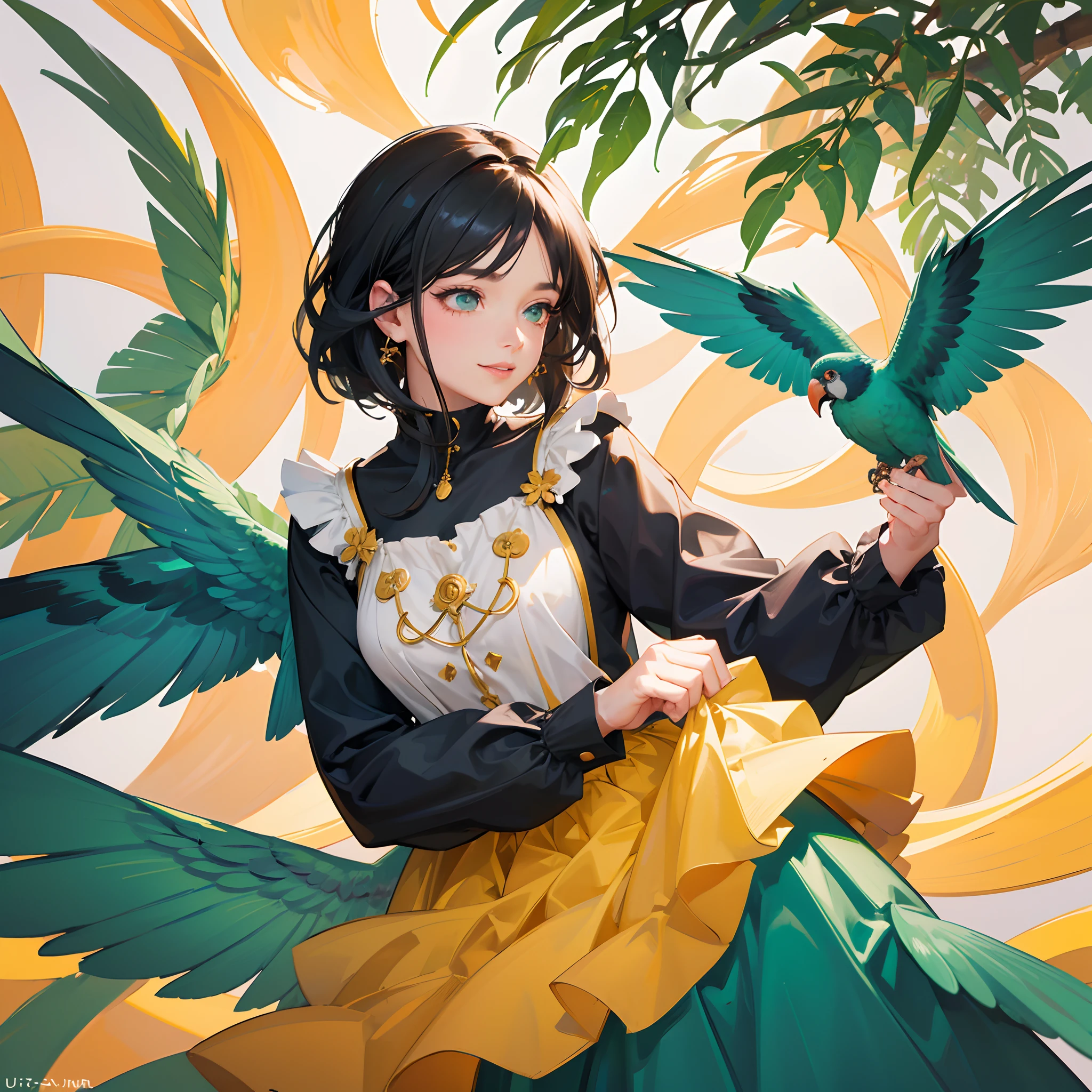 (best quality,4k,highres:1.2),(ultra-detailed,realistic:1.37),beautiful girl with a mischievous smile,gorgeous detailed eyes and lips,long black hair,facing up illustration,playful interaction with a cuddly parakeet,close-up portrait,green and orange parakeet subtly blending in with the girl,soft natural lighting,vibrant and vivid colors,harmonious composition.