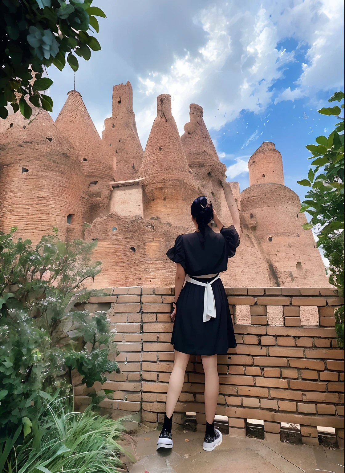 The back of a woman in a long dress，Black hair，In front is the old castle，There are swans flying in the sky