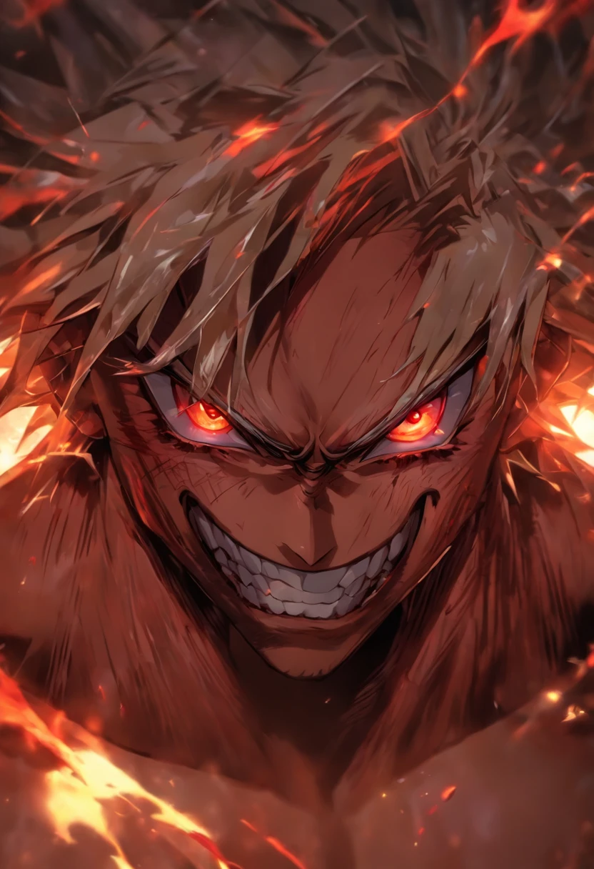 High quality, Ultra detailed, Man no shirt, Face behind the camera,Head facing the camera, Ultra photo realsisim, Red eyes, White hair, On the road, standing, scar across the nose, fangs on theet, white eyes