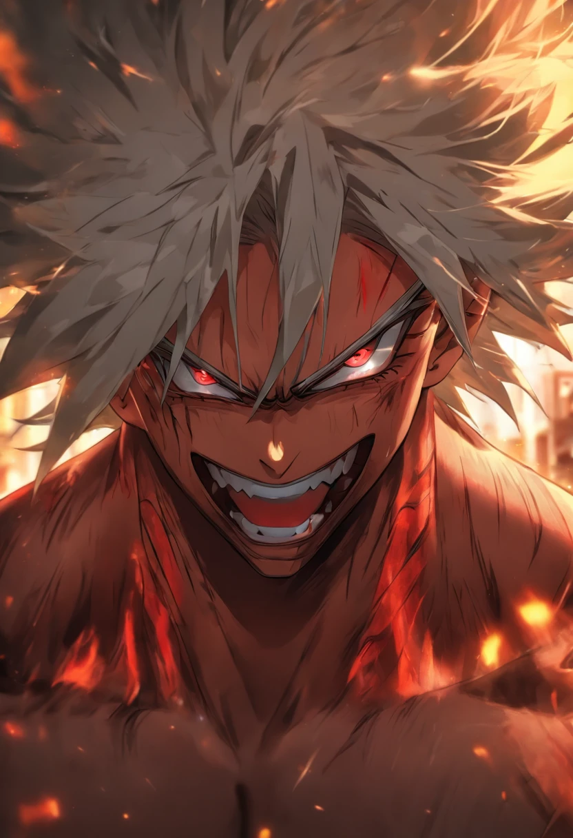 High quality, Ultra detailed, Man no shirt, Face behind the camera,Head facing the camera, Ultra photo realsisim, Red eyes, White hair, On the road, standing, scar across the nose, fangs on theet, white eyes