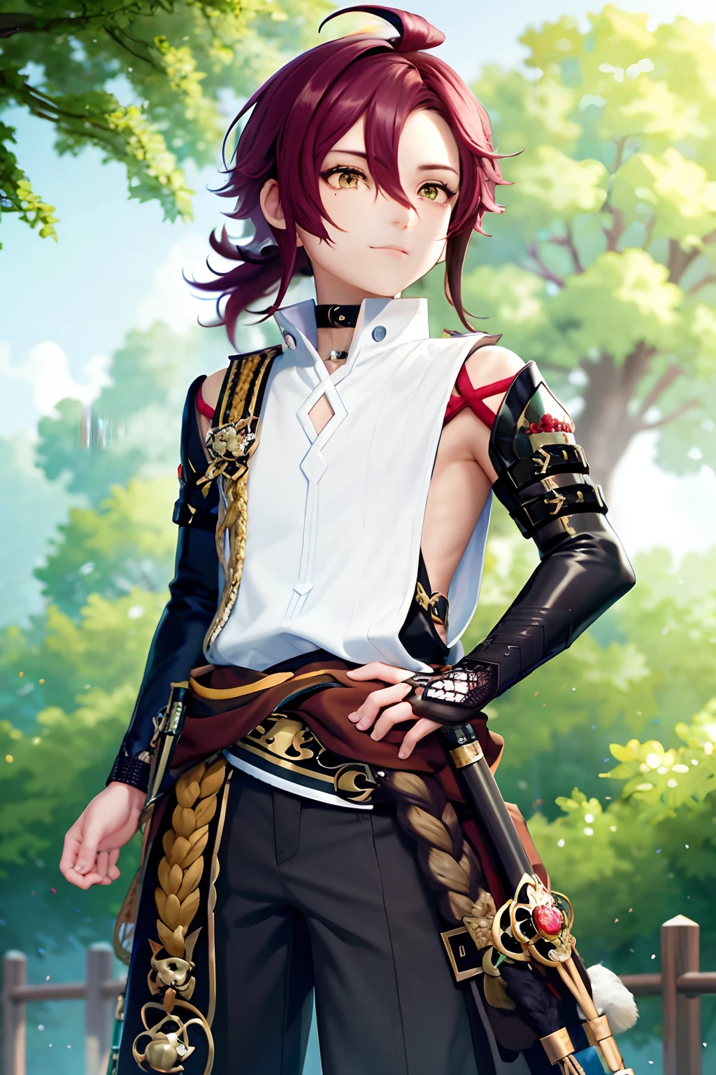 masterpiece, best quality,Shikanoin Heizou (genshin impact), 1boy, male focus, kurokote, green eyes, kote, multicolored hair, mole under eye, red hair, solo, mole, black choker, japanese armor, looking at viewer, choker, armor, streaked hair, aiguillette, sleeveless, ahoge, long hair, low ponytail,(kbxll:0.6)