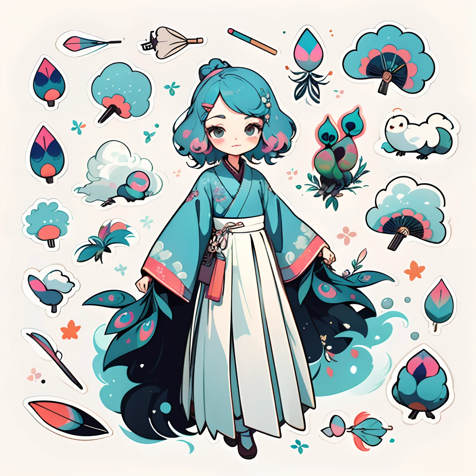 1 sticker, handbook, (sticker, 1 girl, Korean clothes, gorgeous collar top, pleated long skirt, embroidery, peacock, hairpin, folding fan, feather, parts split), watercolor, white background, simple background, minimal, cute, tiny, pastel color, vector style, no gradient,