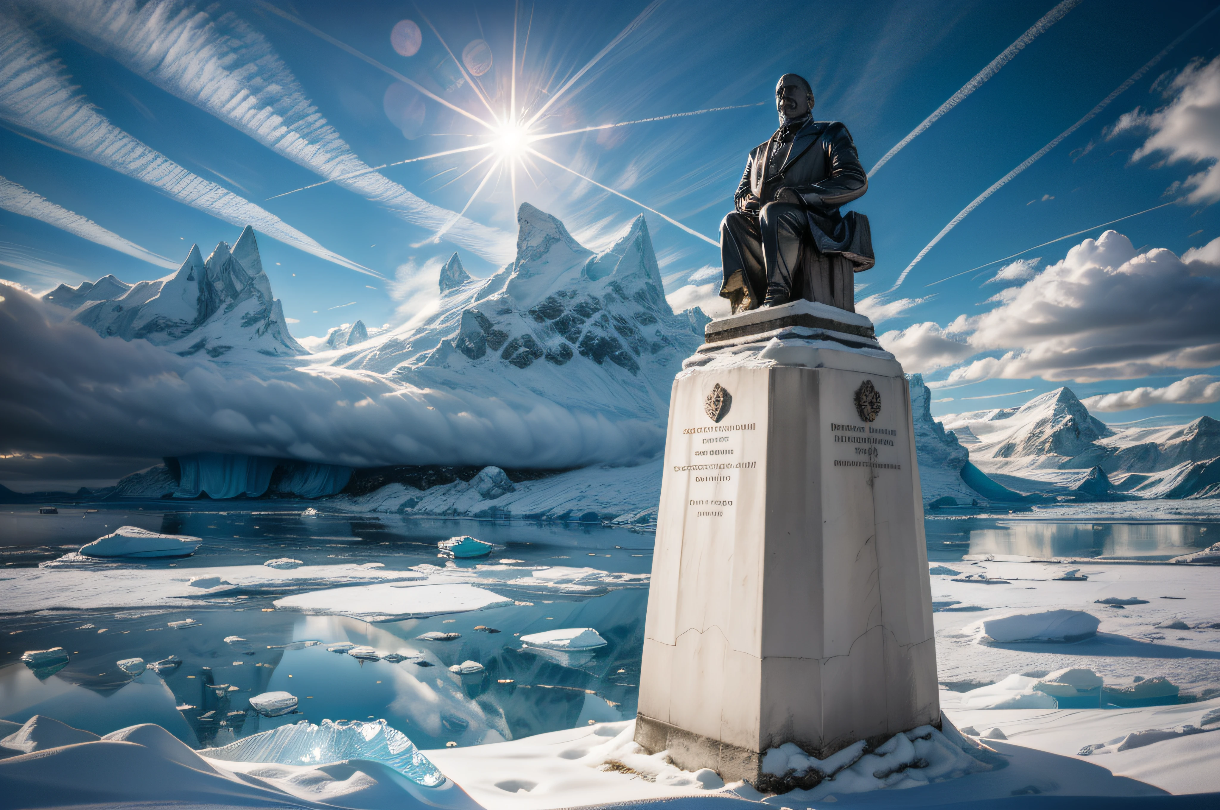 the resplendent solid silver bust of lenin sits upon a granite plinth, embossed writing, frozen wasteland of antarctica, daytime, brilliant sunlight, icy water, stratified clouds